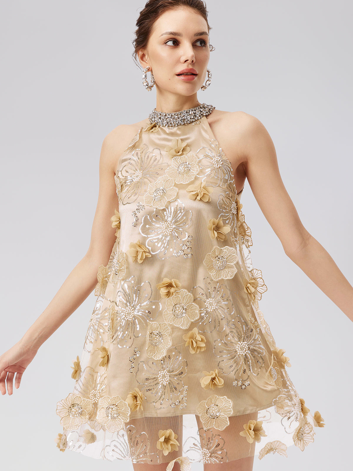 Diamond Embossed Floral Embroidered Dress