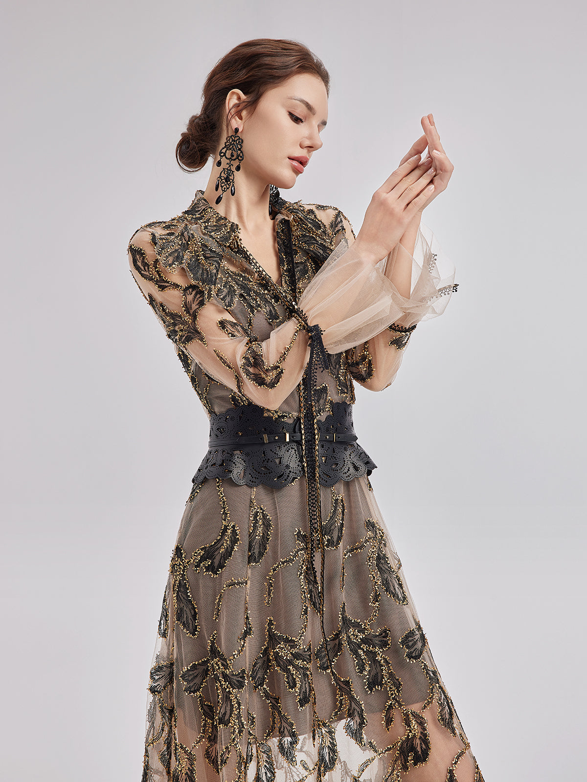 Custom Italian Floral Jacquard Dress(With Waist Chain)