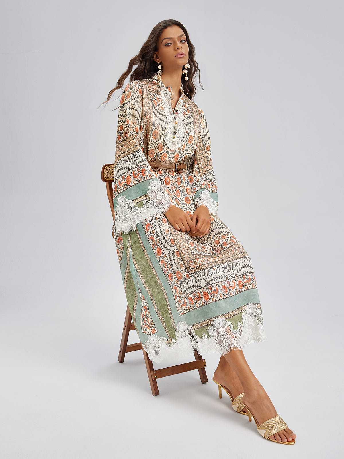 Vintage Botanical Print Lace Dress (Belt Included)