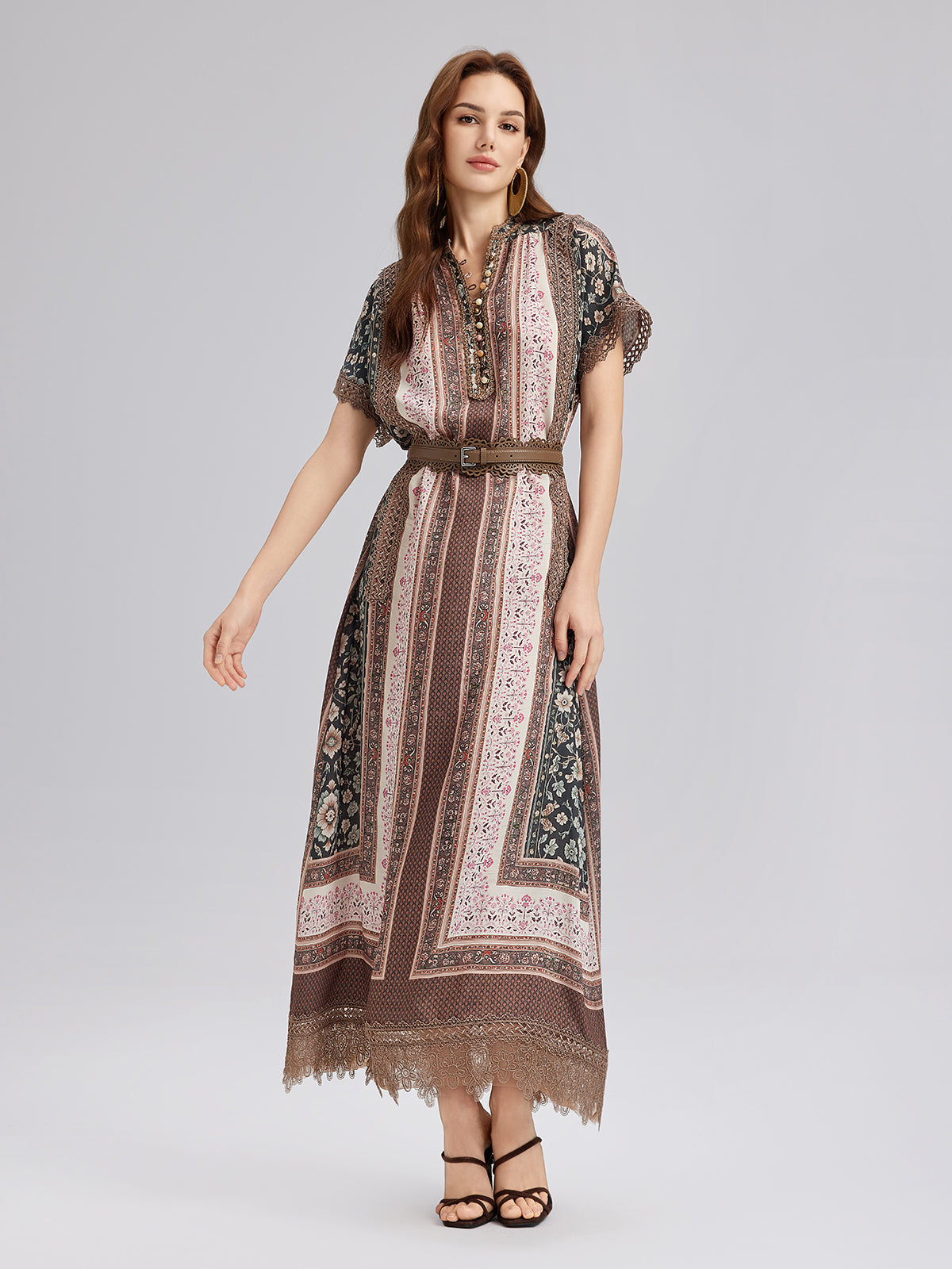 Botanical Print Lace-Trimmed Dress