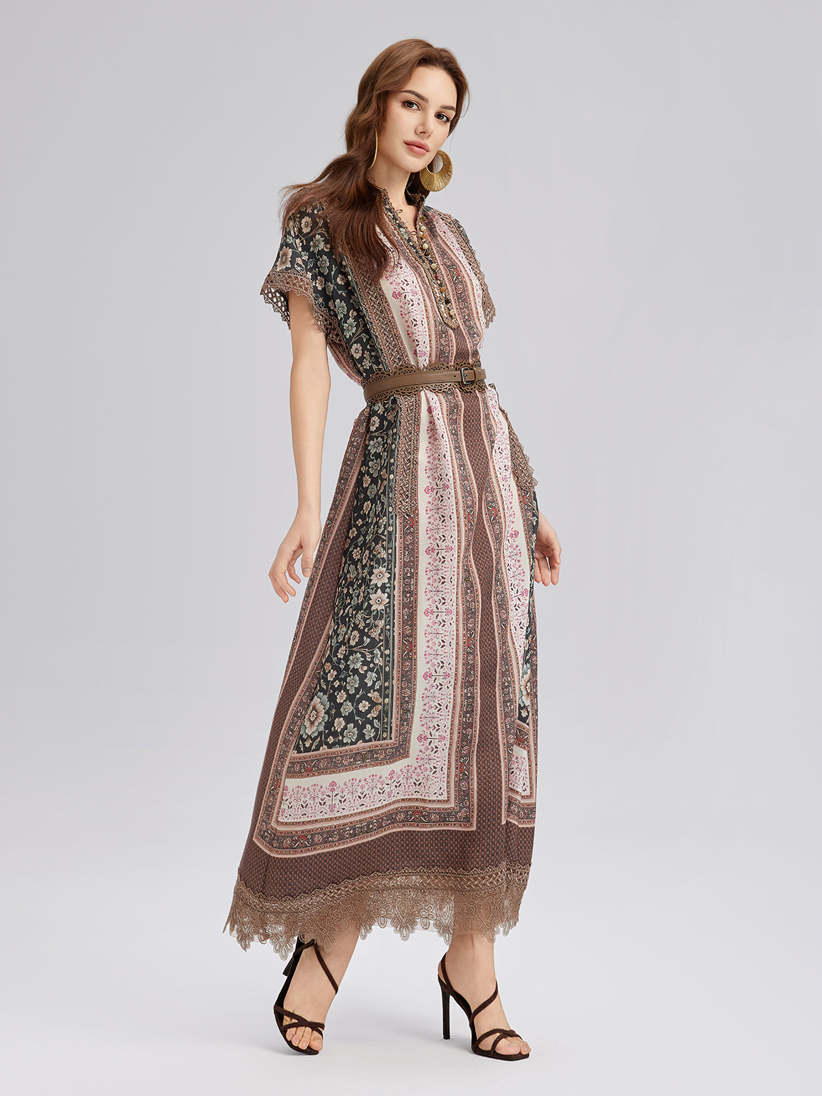 Botanical Print Lace-Trimmed Dress