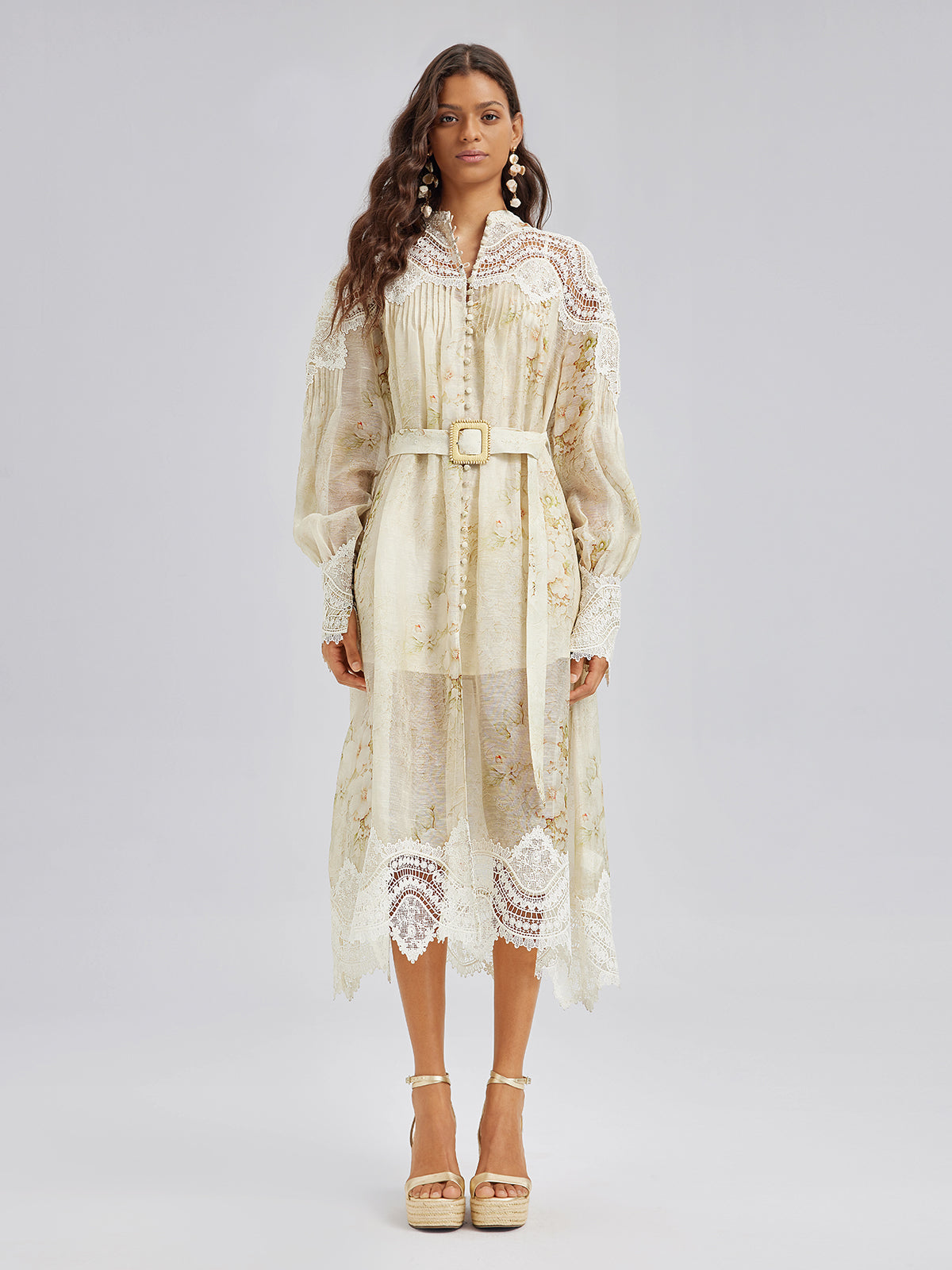 Silk-Linen Floral Lace Dress