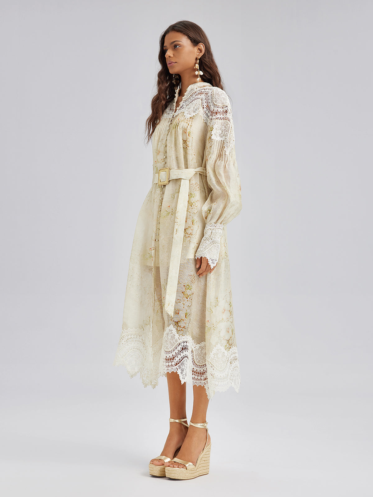 Silk-Linen Floral Lace Dress