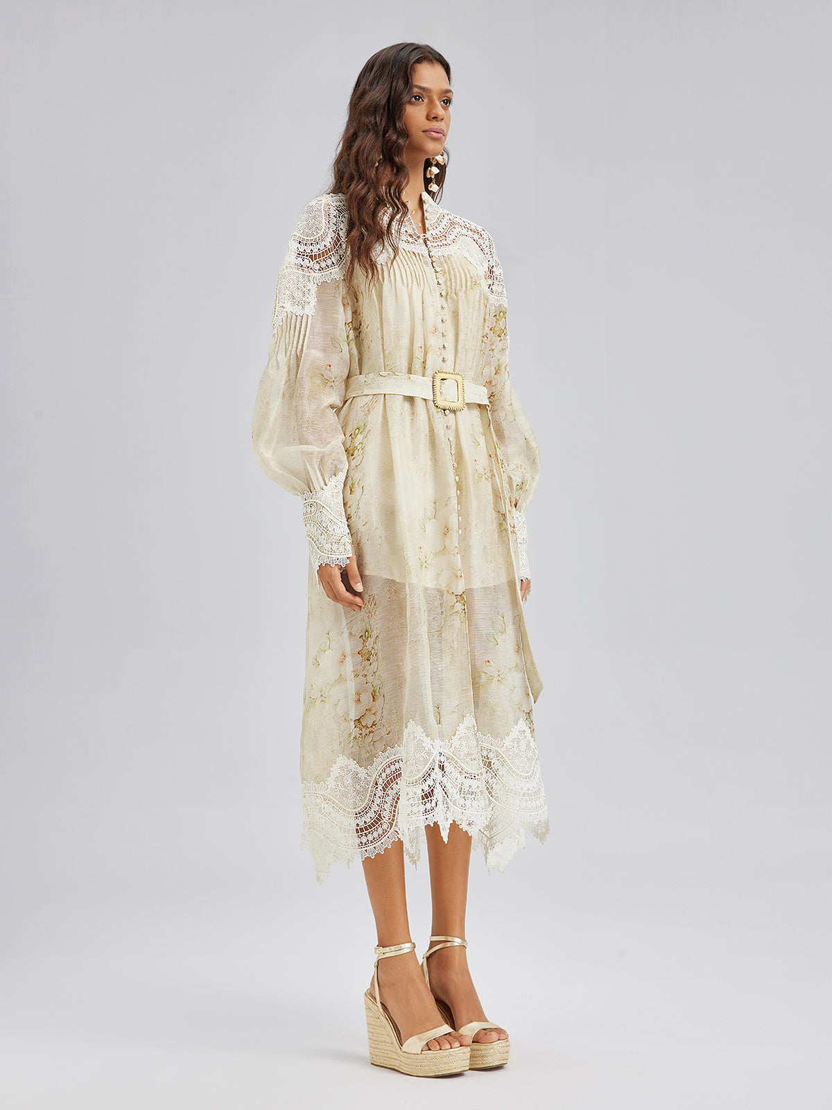 Silk-Linen Floral Lace Dress