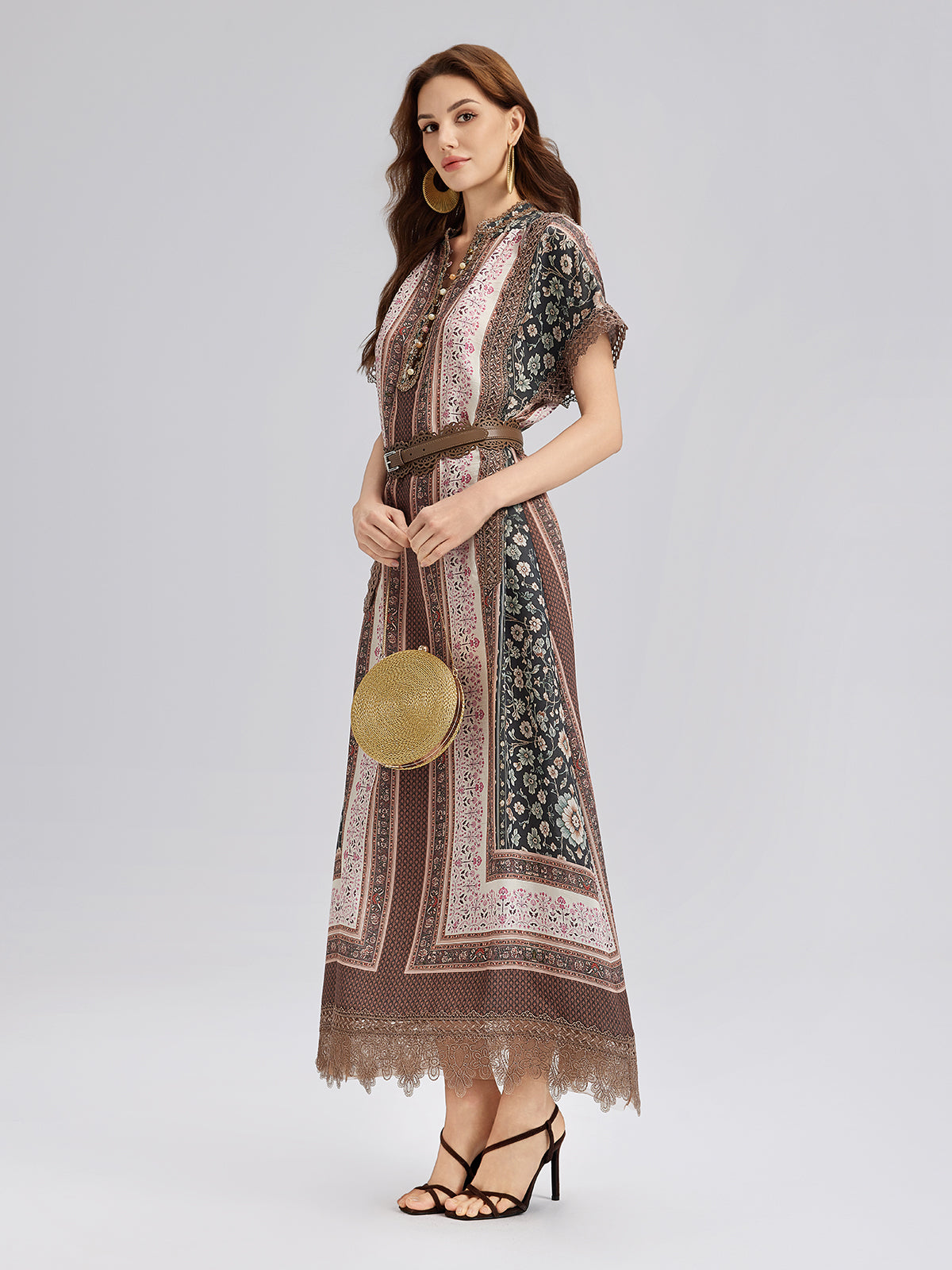 Botanical Print Lace-Trimmed Dress