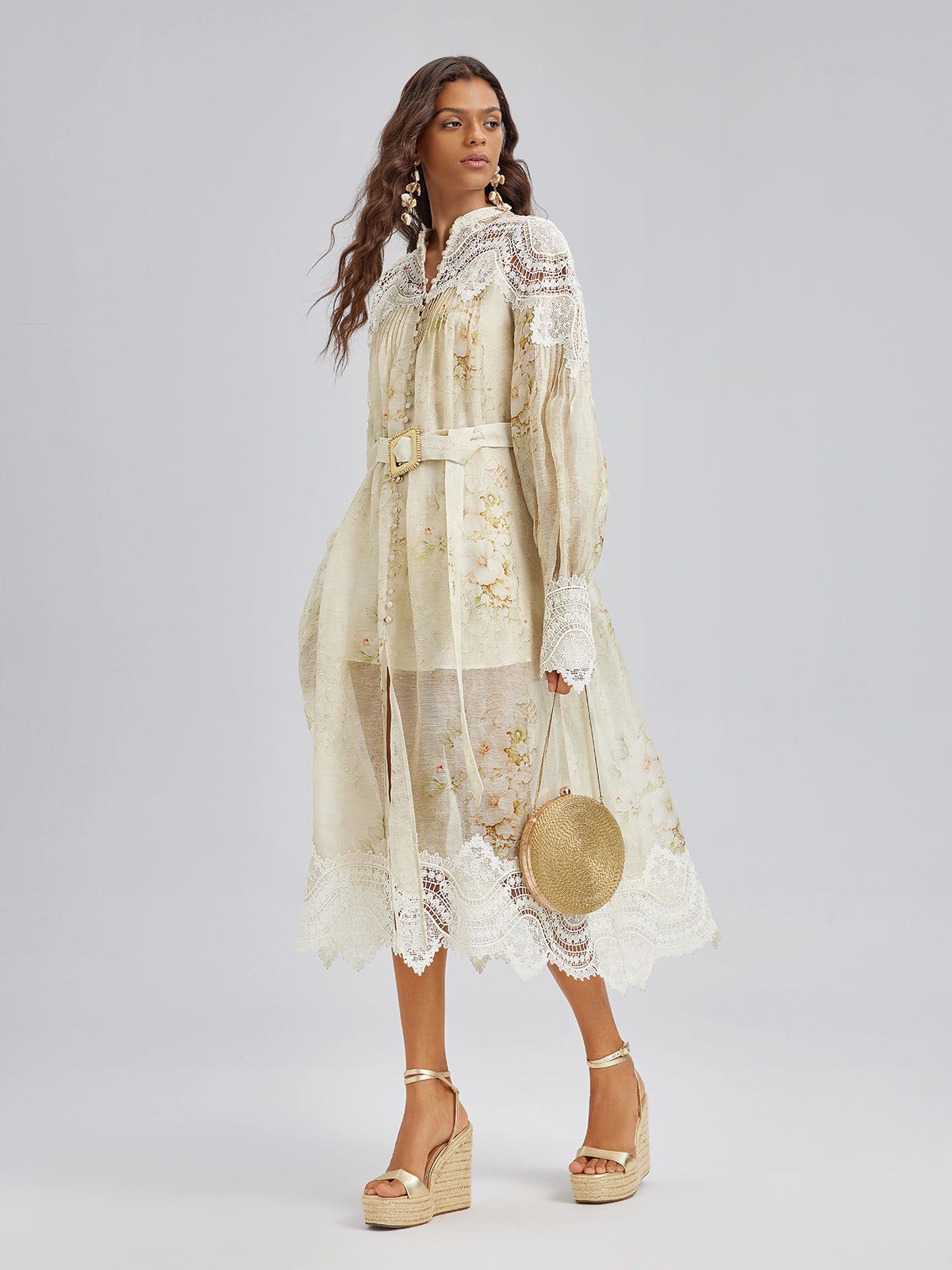 Silk-Linen Floral Lace Dress