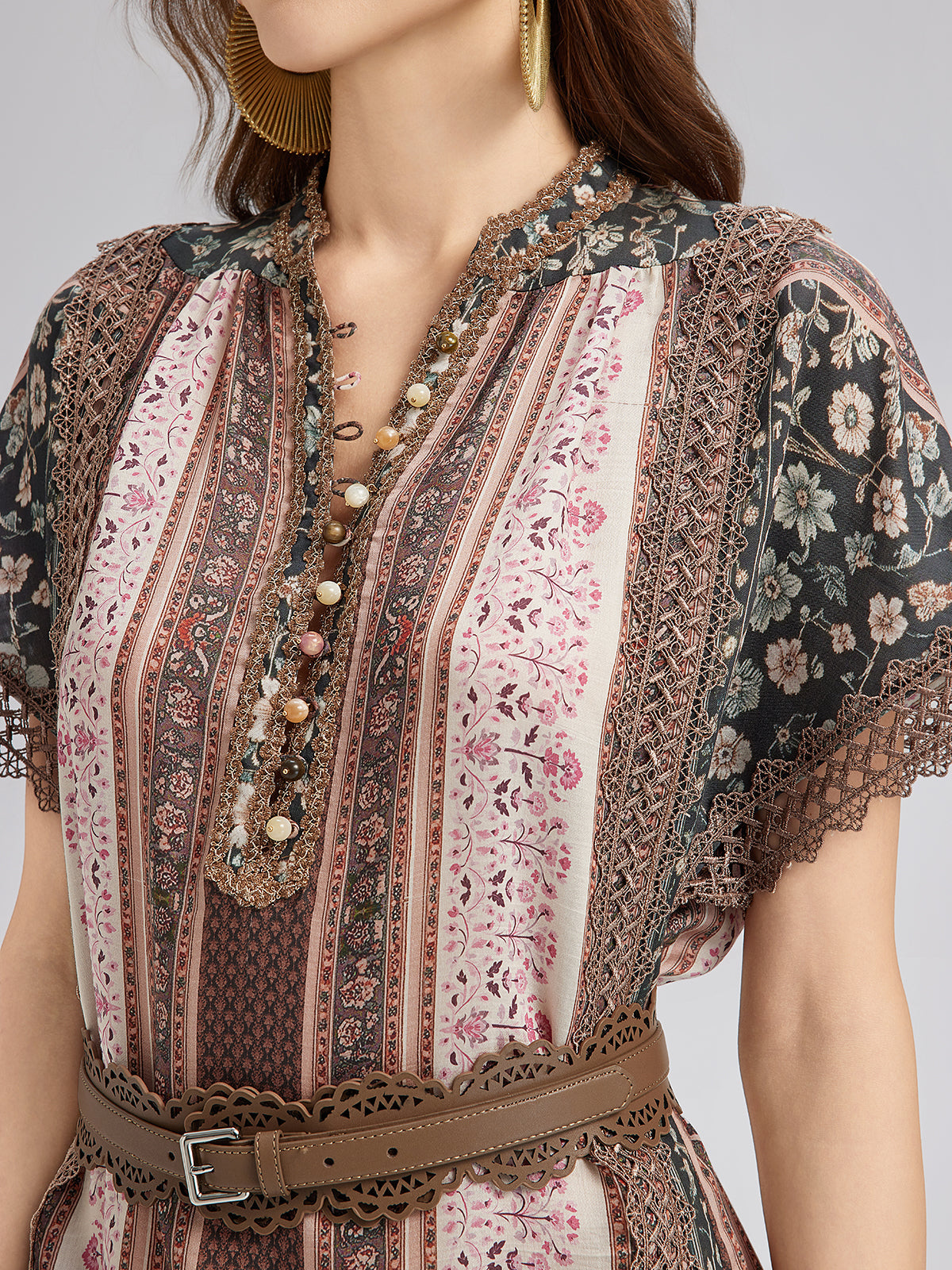 Botanical Print Lace-Trimmed Dress