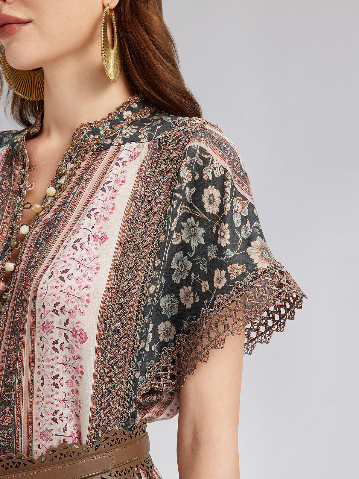 Botanical Print Lace-Trimmed Dress