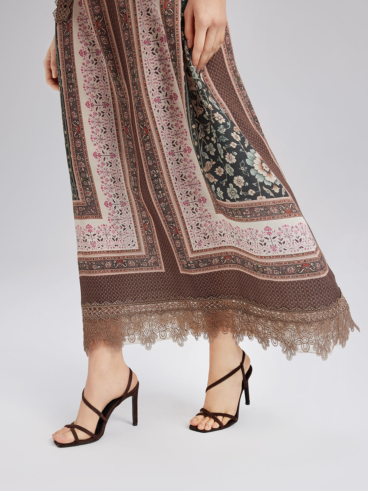 Botanical Print Lace-Trimmed Dress