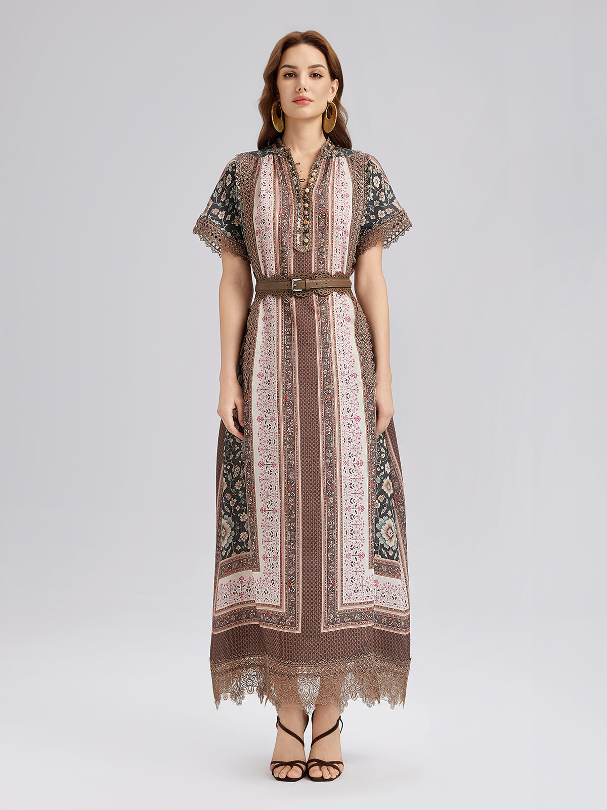 Botanical Print Lace-Trimmed Dress
