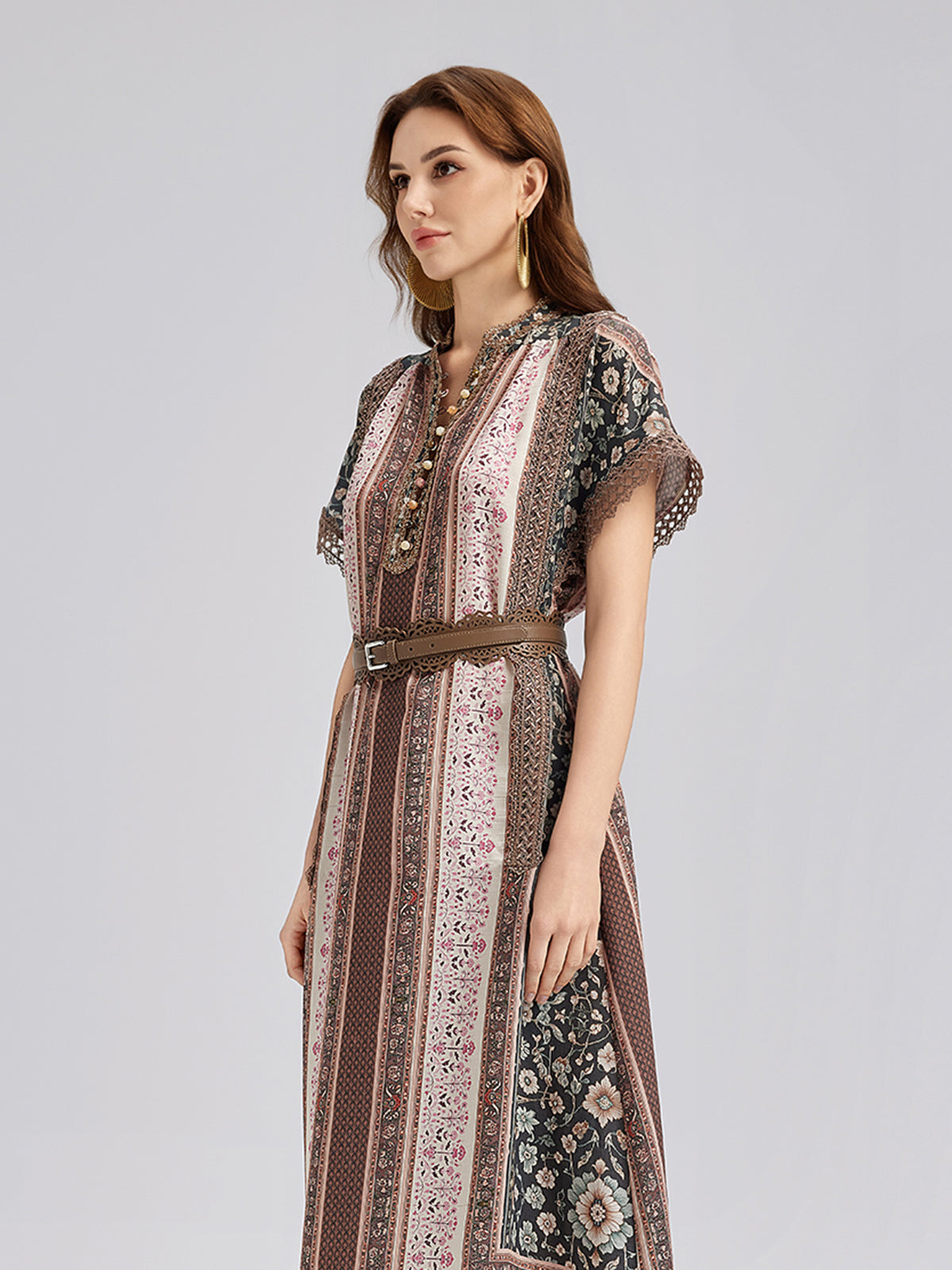 Botanical Print Lace-Trimmed Dress
