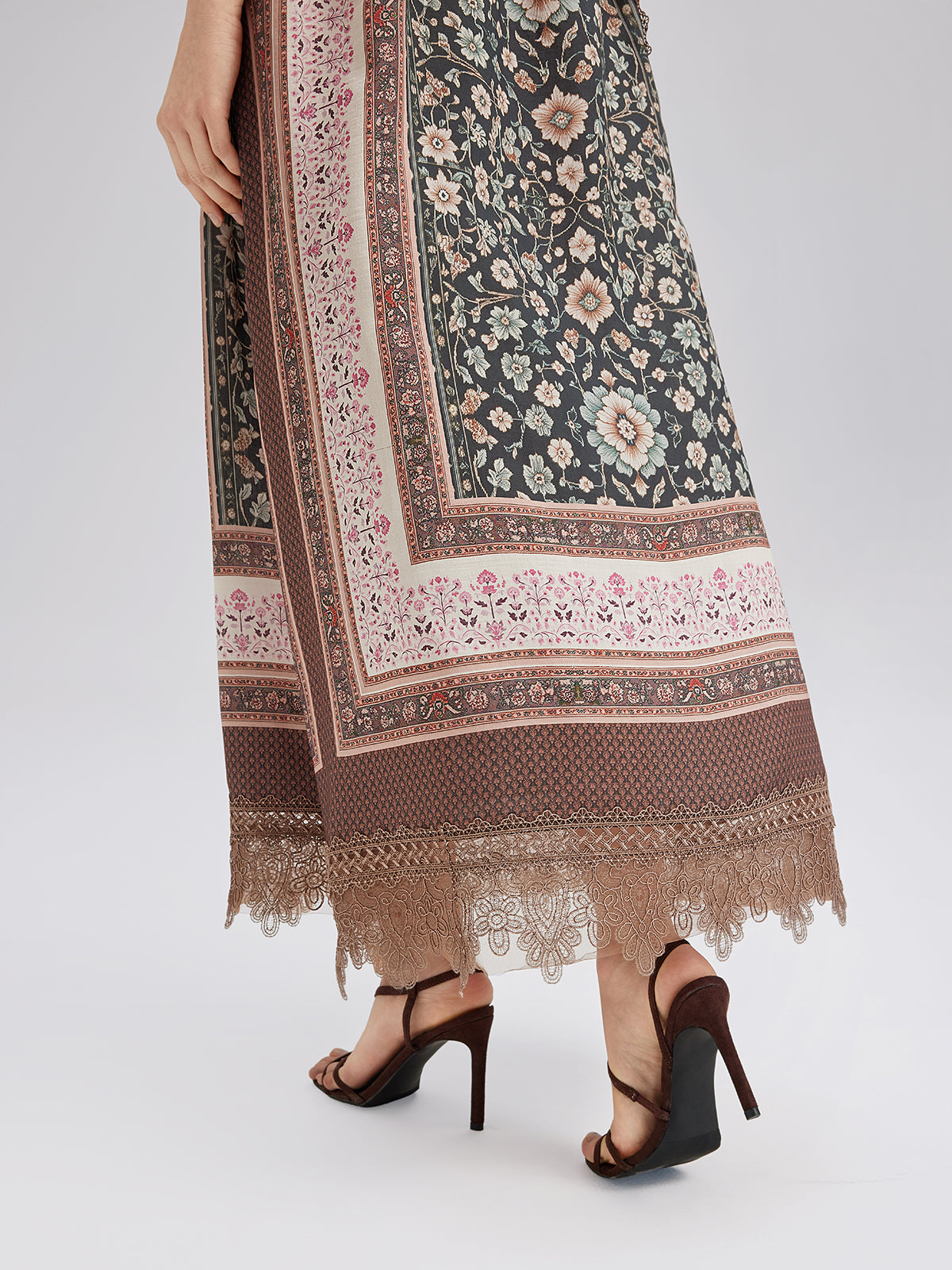 Botanical Print Lace-Trimmed Dress