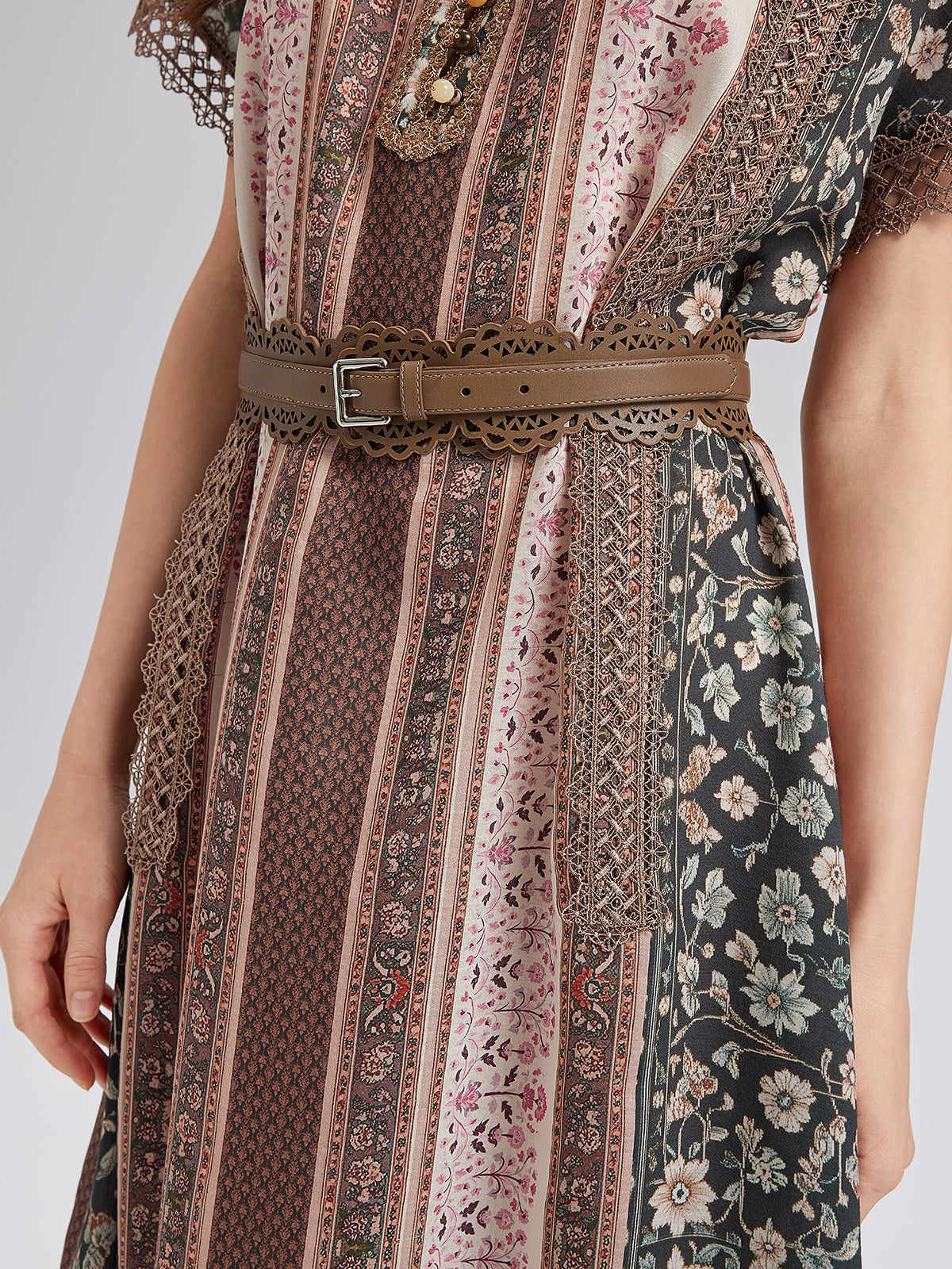 Botanical Print Lace-Trimmed Dress