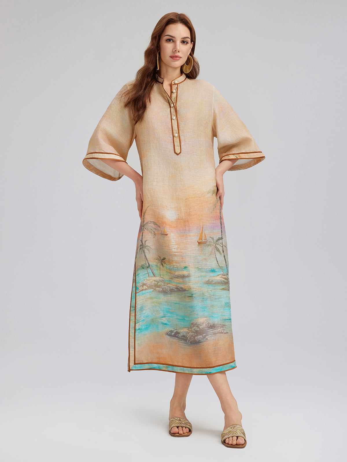 Linen Flared Sleeves Beach Print Dress