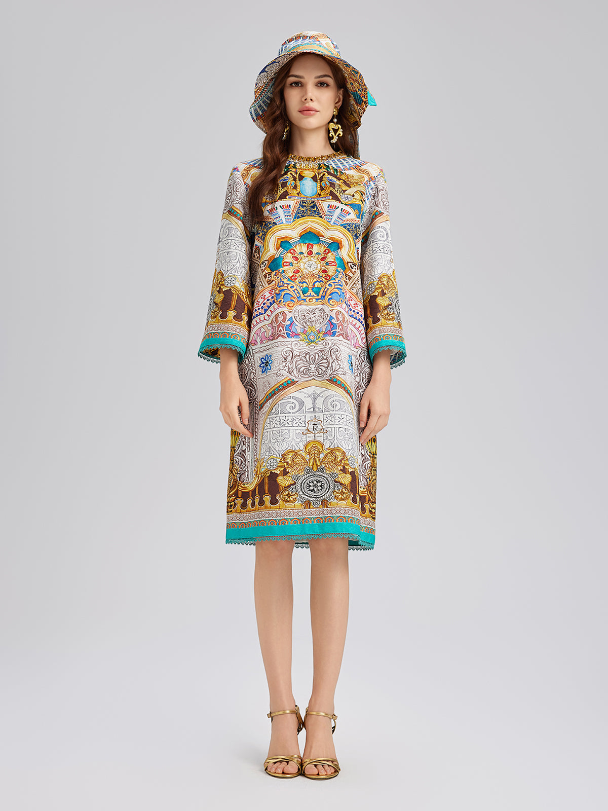Hand-Beaded Silk Jacquard Baroque Dress (Hat included)