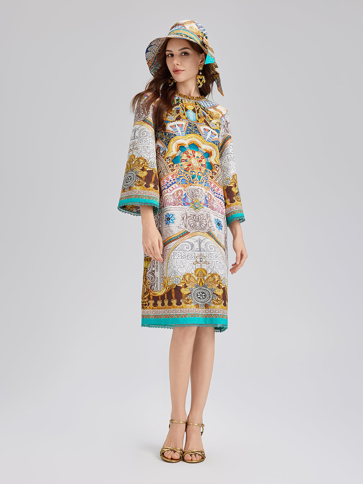 Hand-Beaded Silk Jacquard Baroque Dress (Hat included)