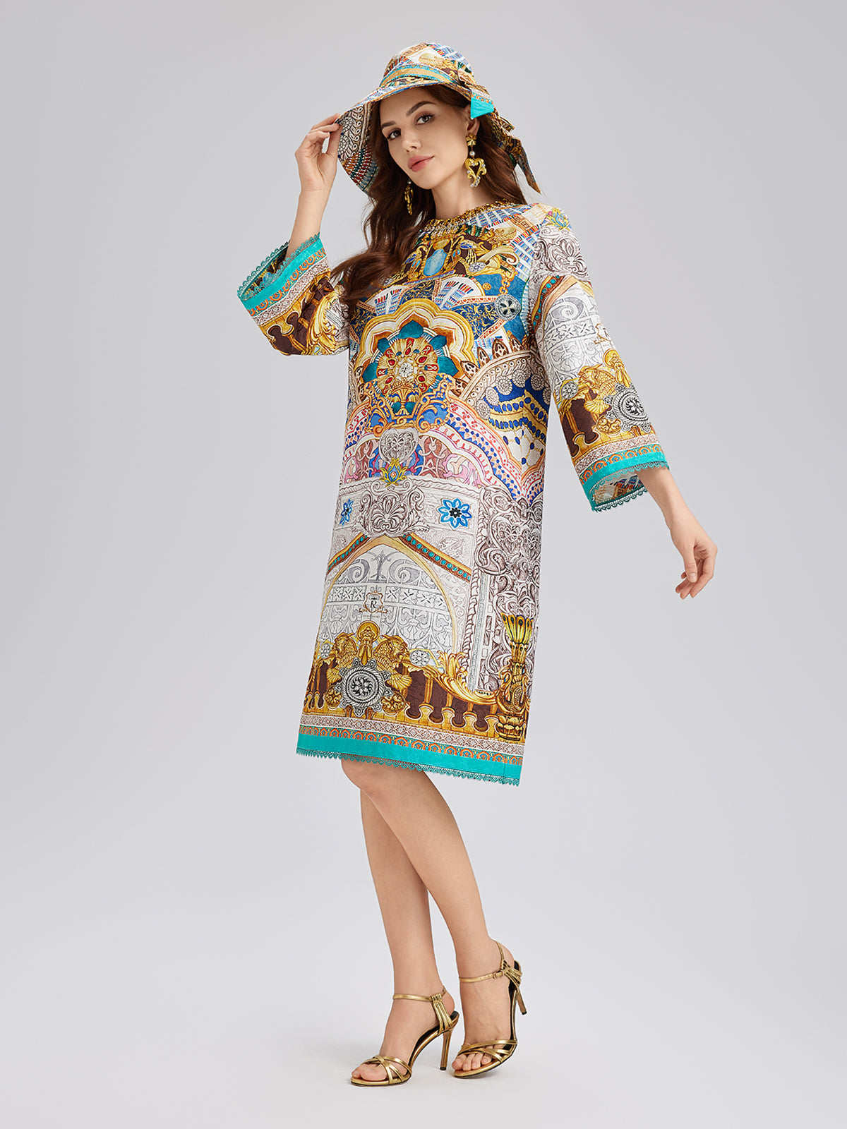 Hand-Beaded Silk Jacquard Baroque Dress (Hat included)