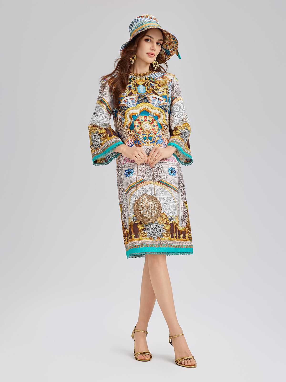 Hand-Beaded Silk Jacquard Baroque Dress (Hat included)