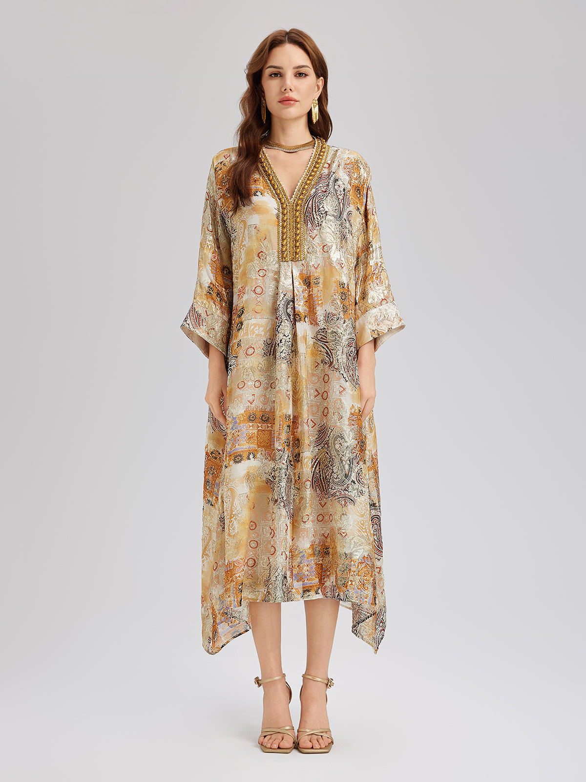V-Neck Silk Beaded Print Baroque Dress