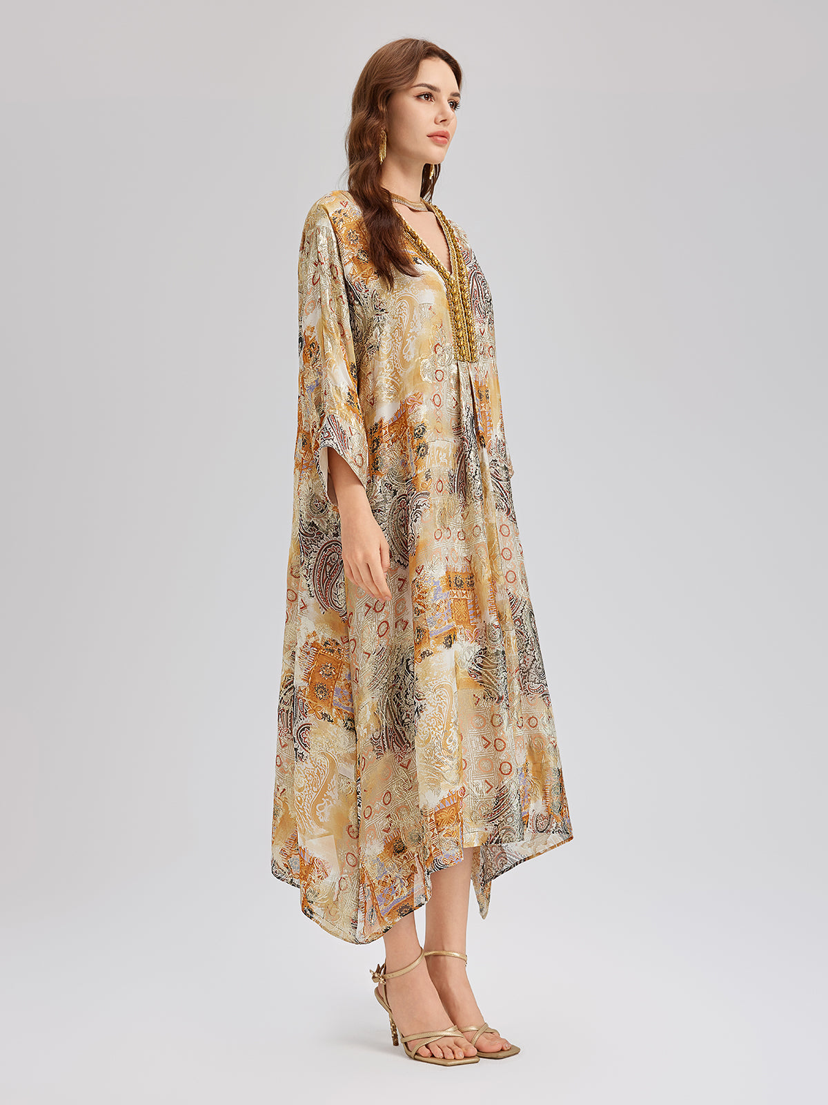V-Neck Silk Beaded Print Baroque Dress