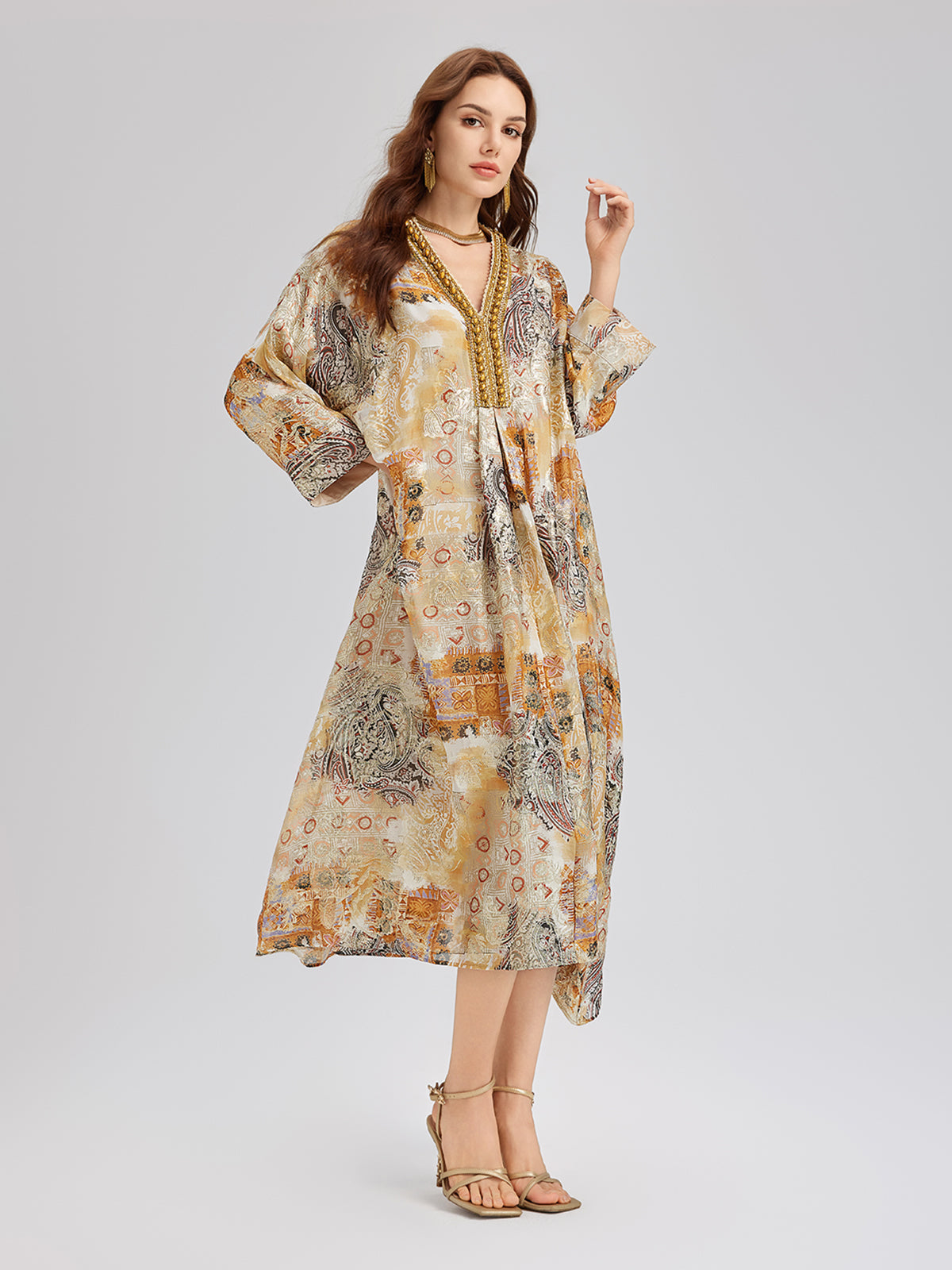V-Neck Silk Beaded Print Baroque Dress