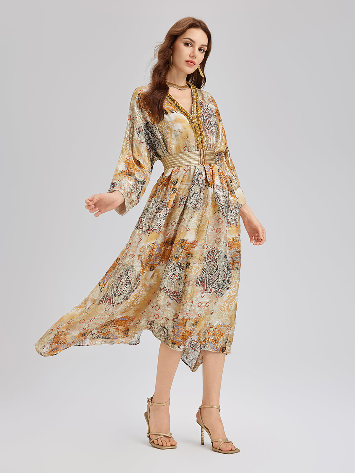 V-Neck Silk Beaded Print Baroque Dress