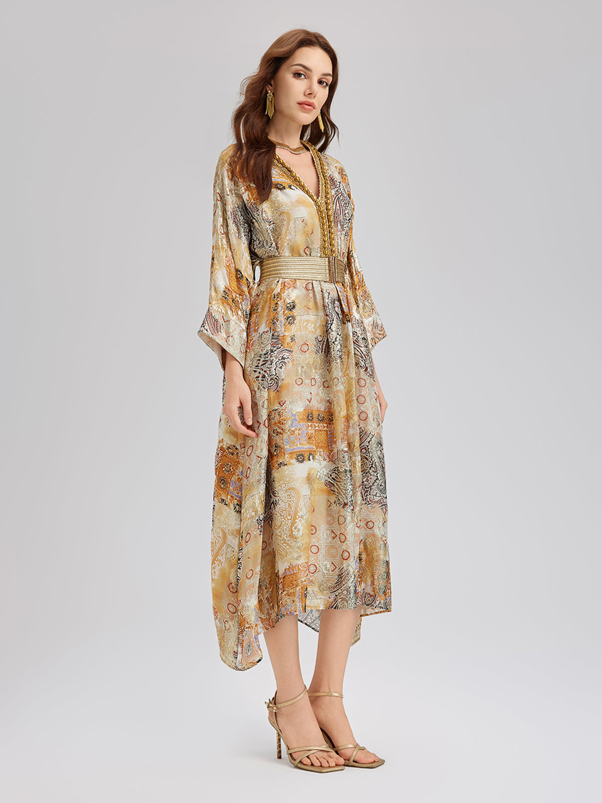 V-Neck Silk Beaded Print Baroque Dress