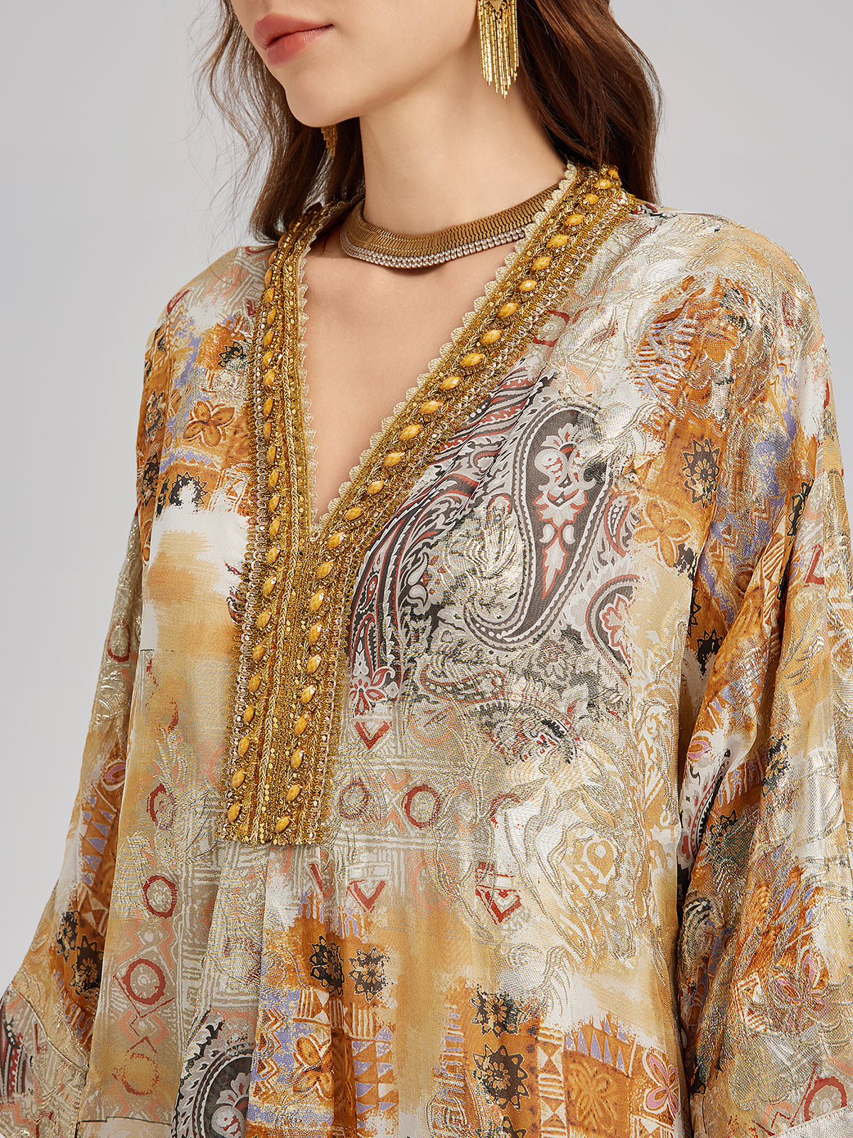 V-Neck Silk Beaded Print Baroque Dress
