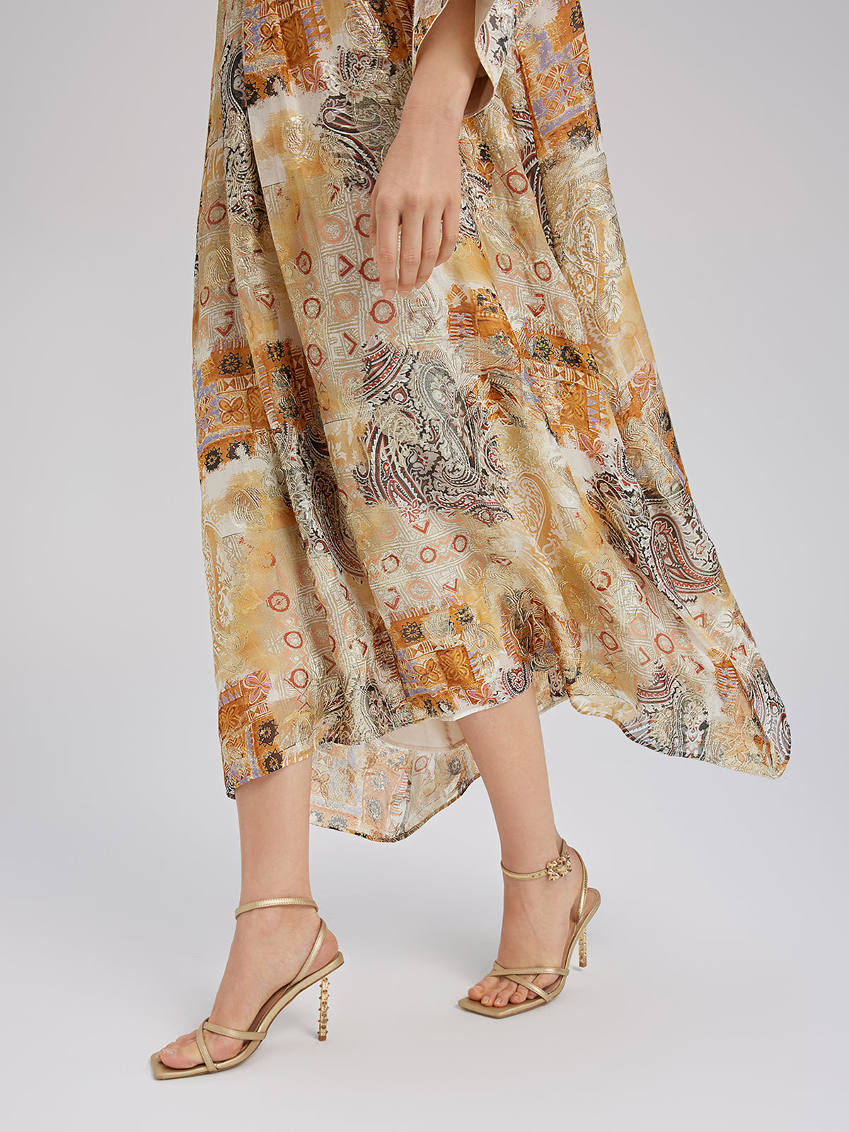 V-Neck Silk Beaded Print Baroque Dress