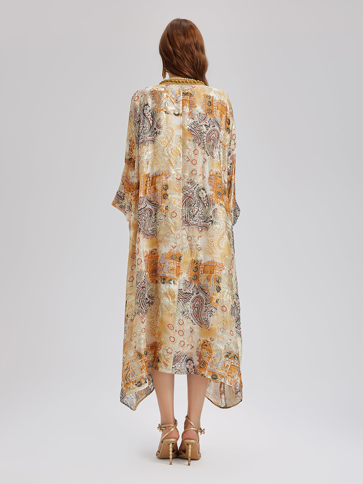 V-Neck Silk Beaded Print Baroque Dress