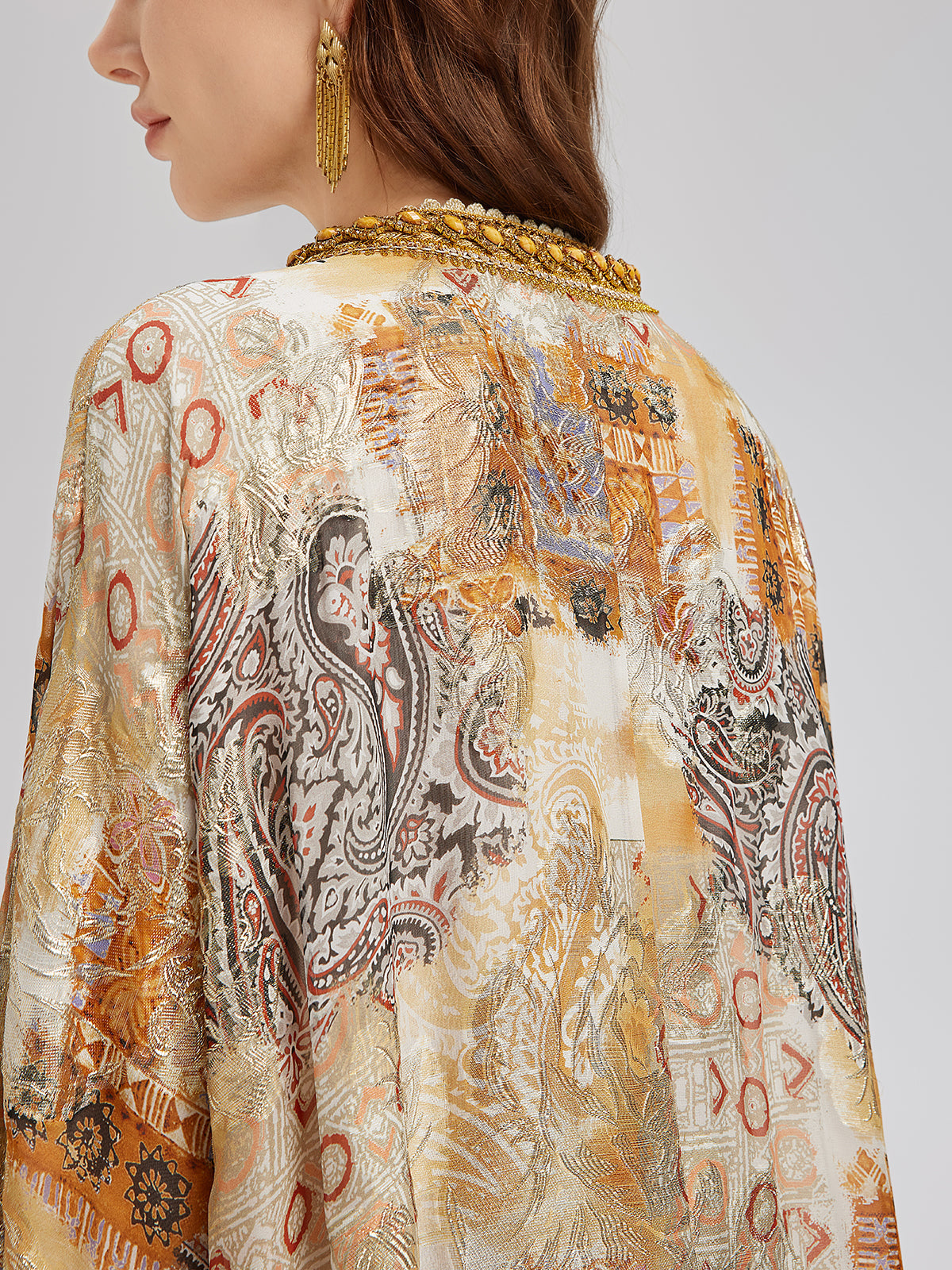 V-Neck Silk Beaded Print Baroque Dress