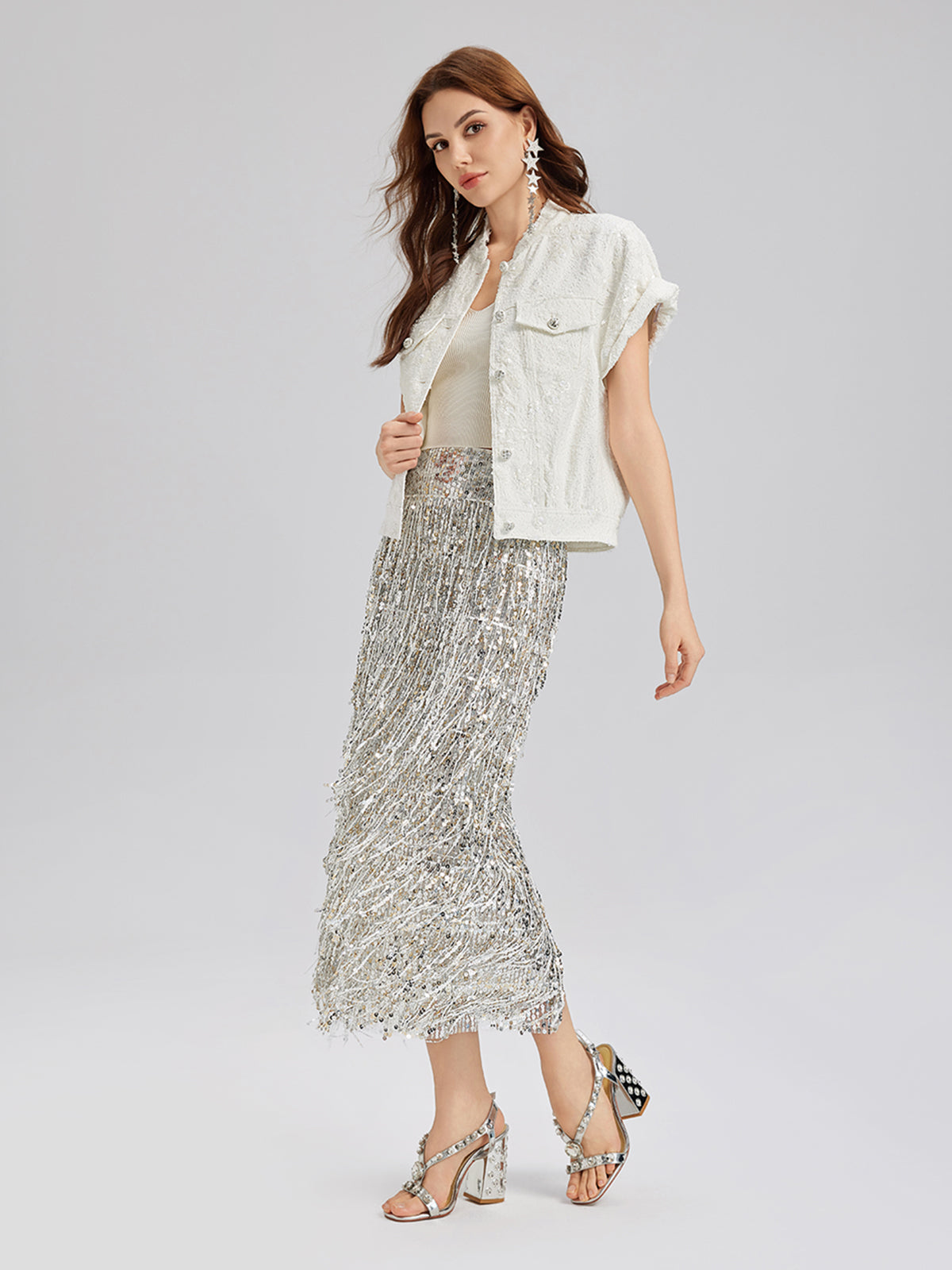 Tassel Sequin Midi Skirt