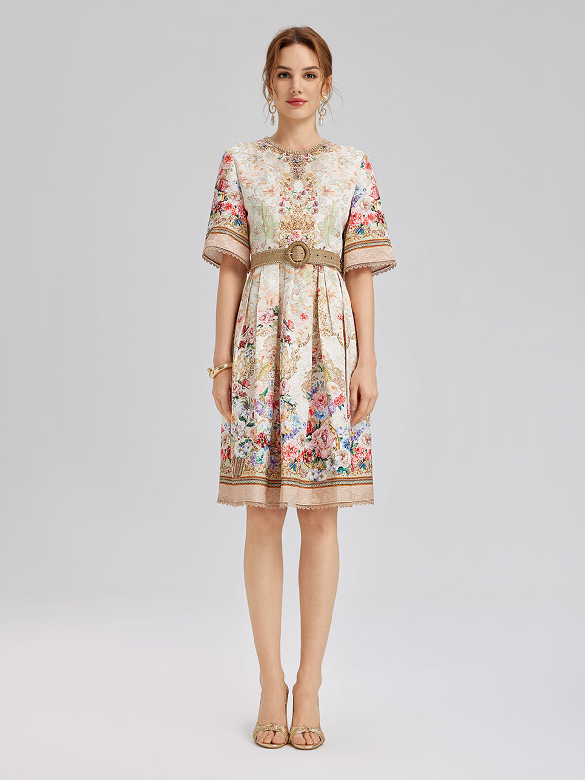 Hand-Beaded Silk Jacquard Regal Print Dress