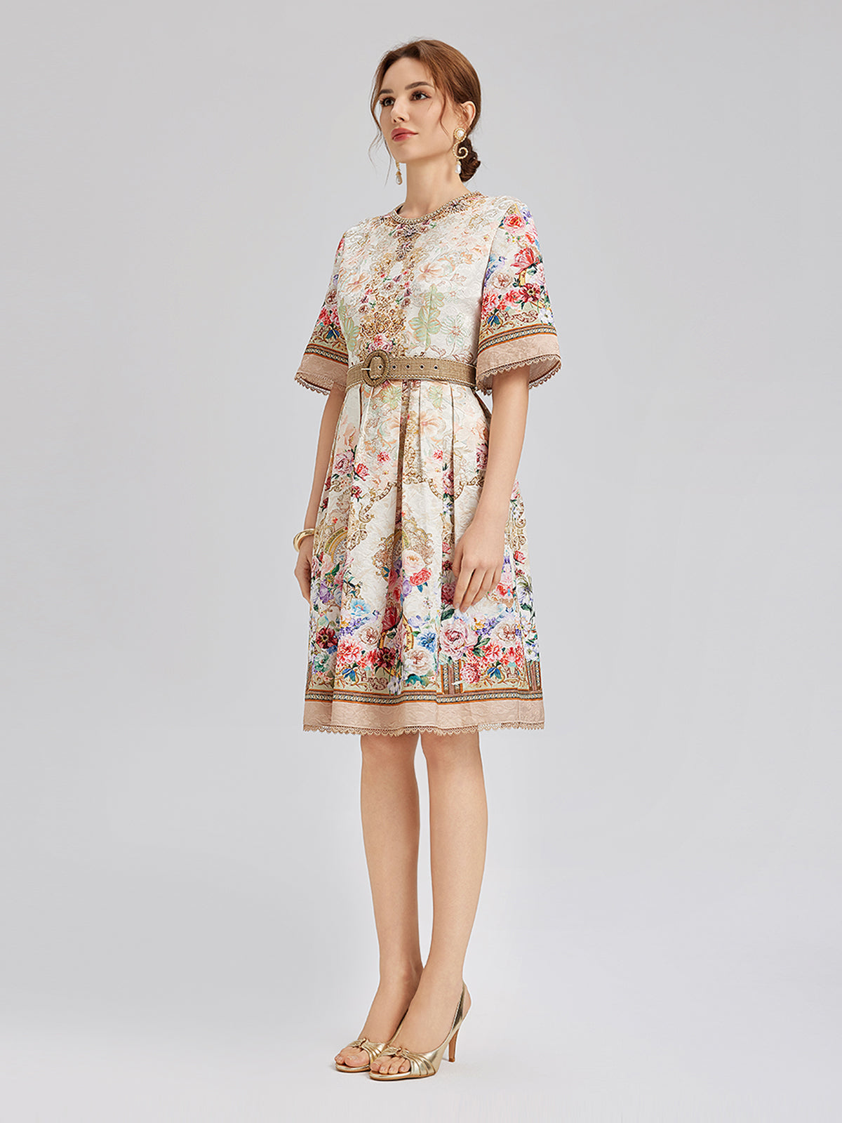 Hand-Beaded Silk Jacquard Regal Print Dress