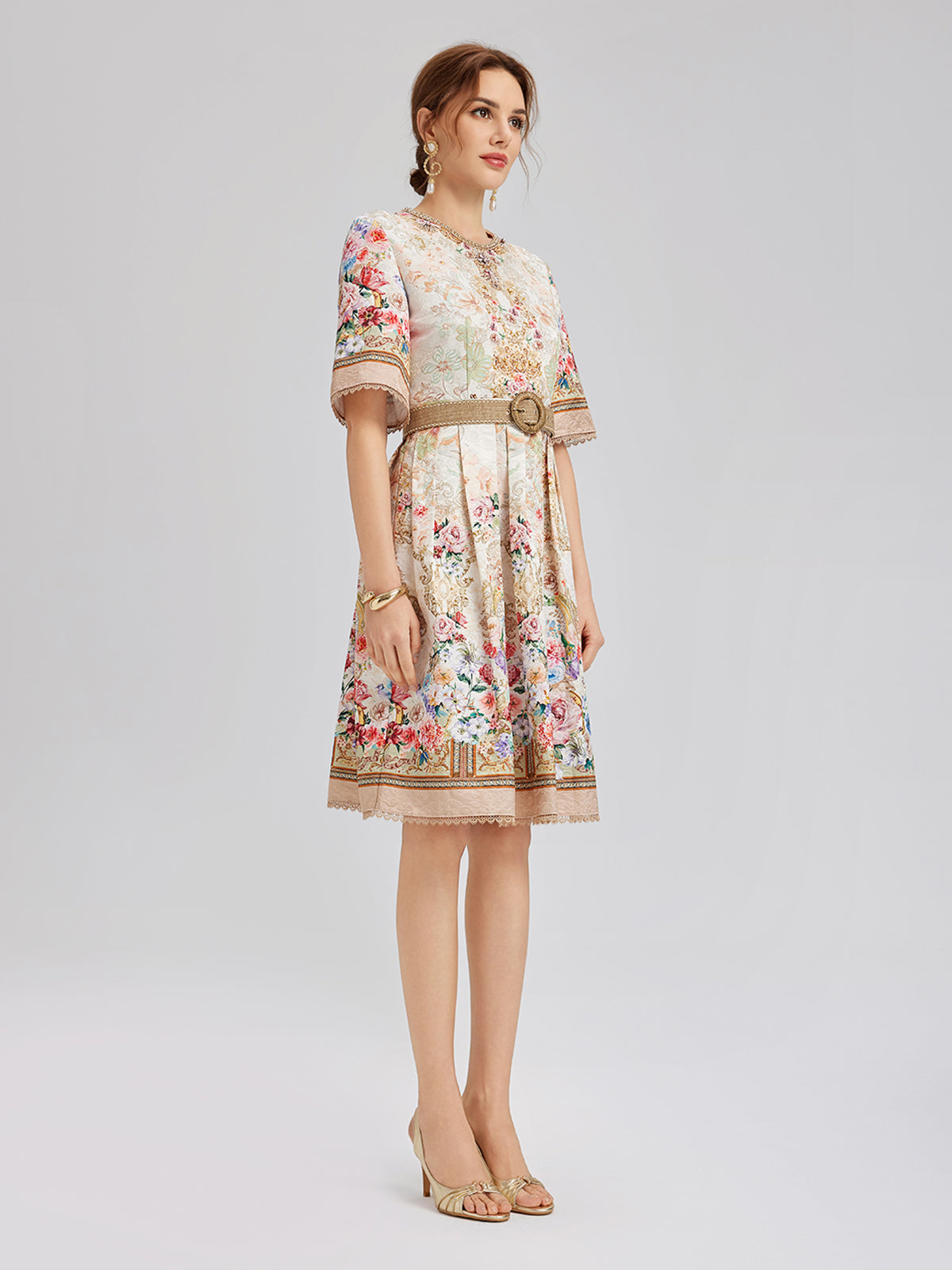 Hand-Beaded Silk Jacquard Regal Print Dress