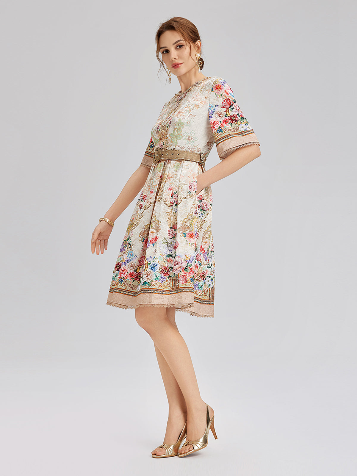 Hand-Beaded Silk Jacquard Regal Print Dress