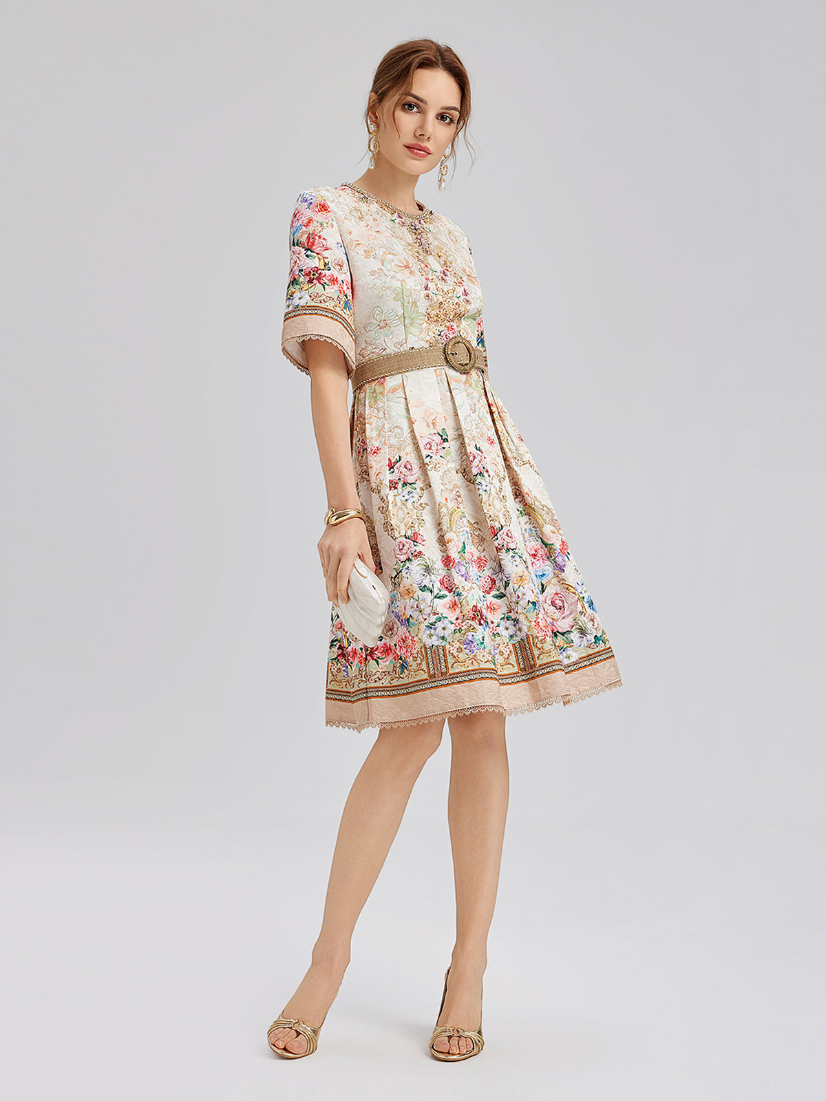Hand-Beaded Silk Jacquard Regal Print Dress