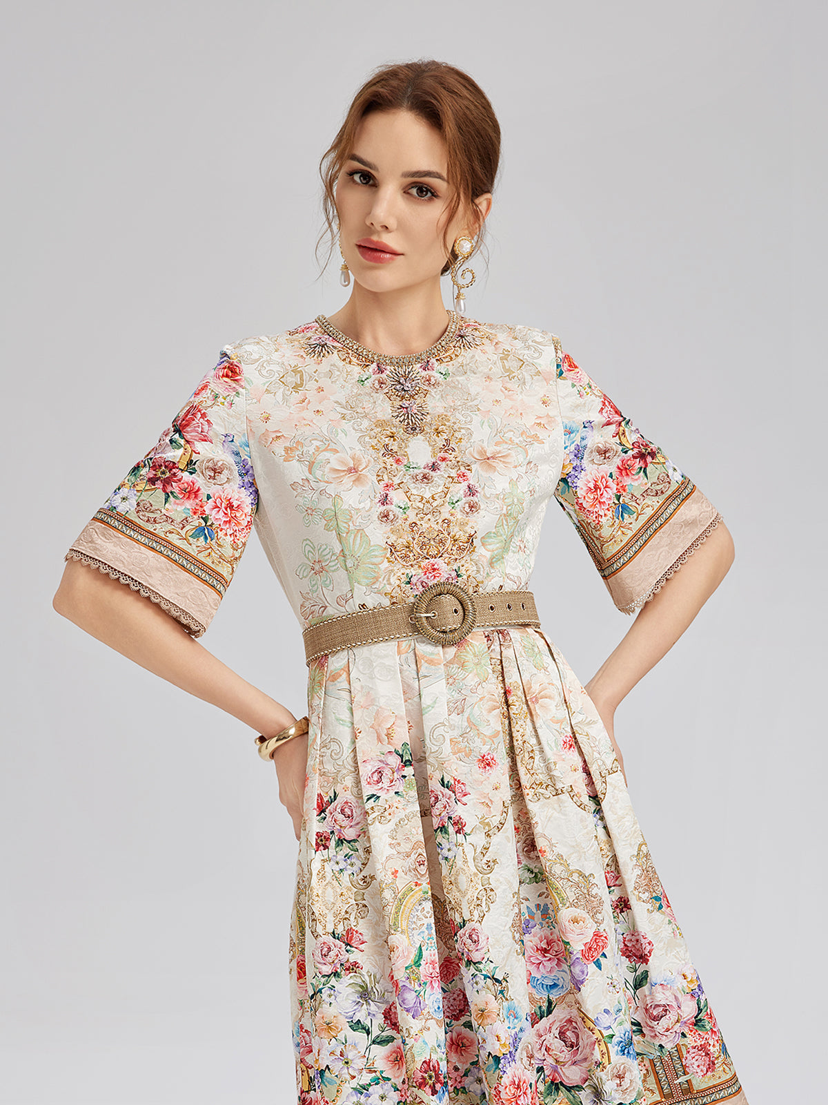 Hand-Beaded Silk Jacquard Regal Print Dress