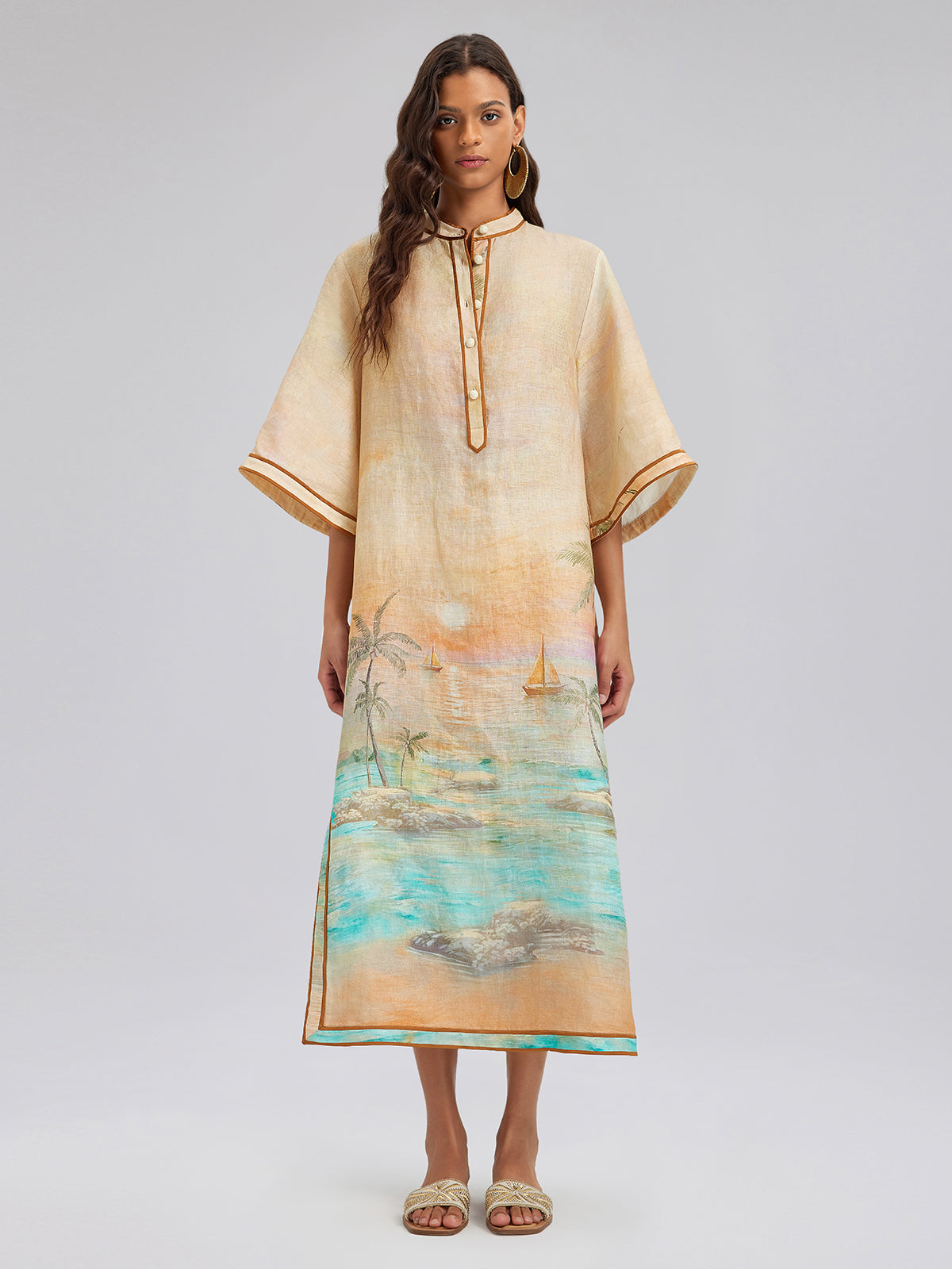 Linen Flared Sleeves Beach Print Dress