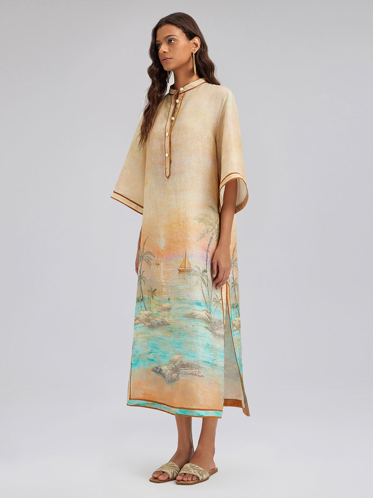 Linen Flared Sleeves Beach Print Dress