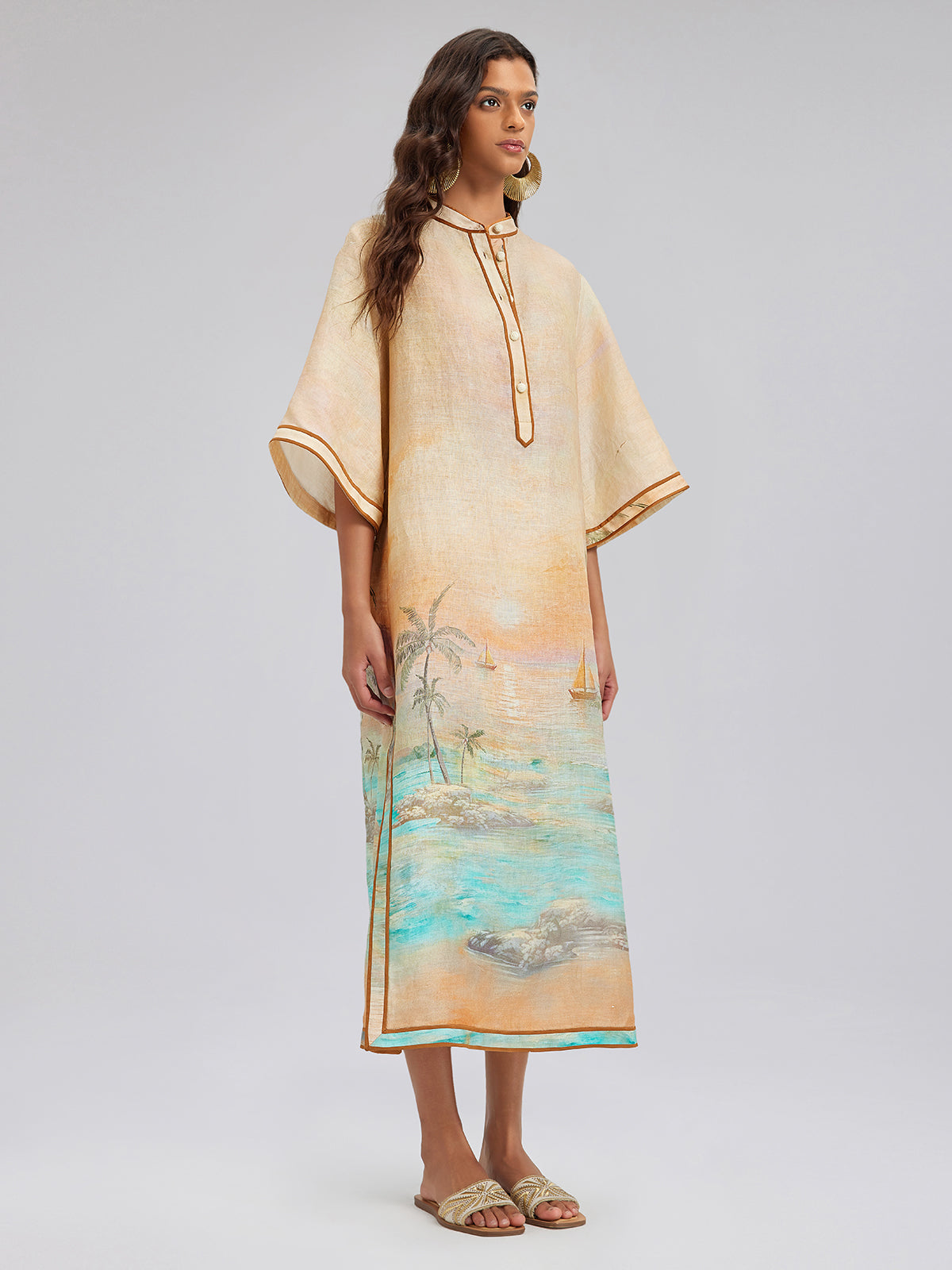 Linen Flared Sleeves Beach Print Dress