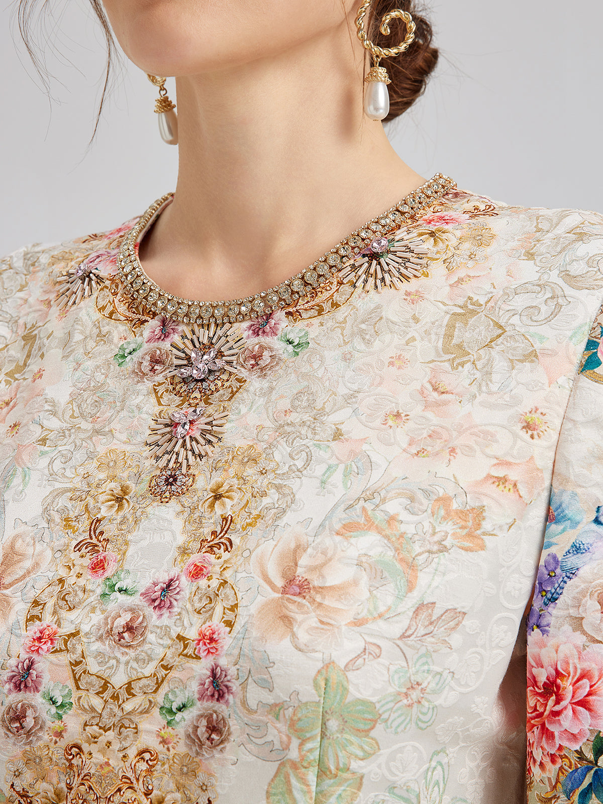 Hand-Beaded Silk Jacquard Regal Print Dress