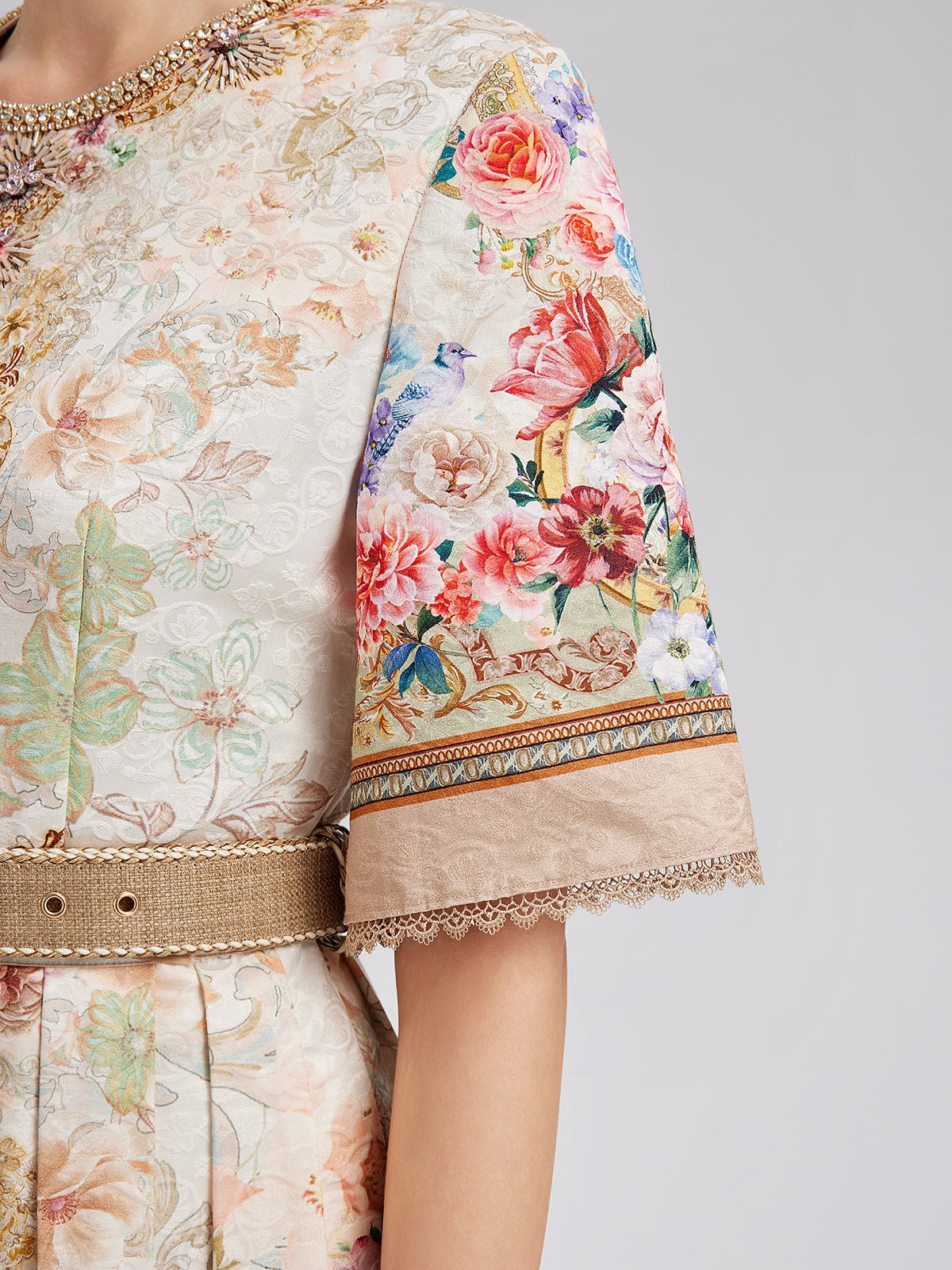 Hand-Beaded Silk Jacquard Regal Print Dress