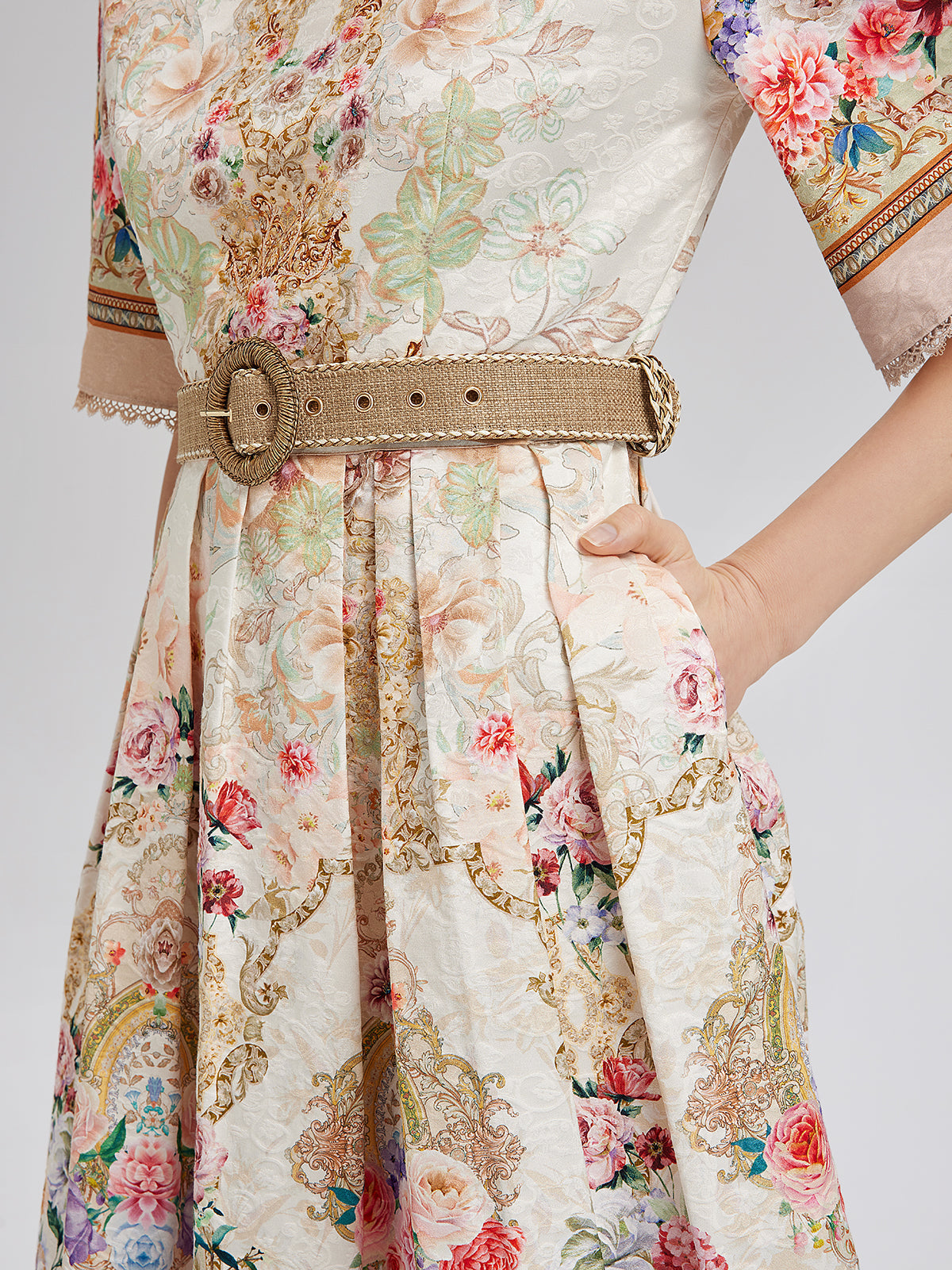 Hand-Beaded Silk Jacquard Regal Print Dress
