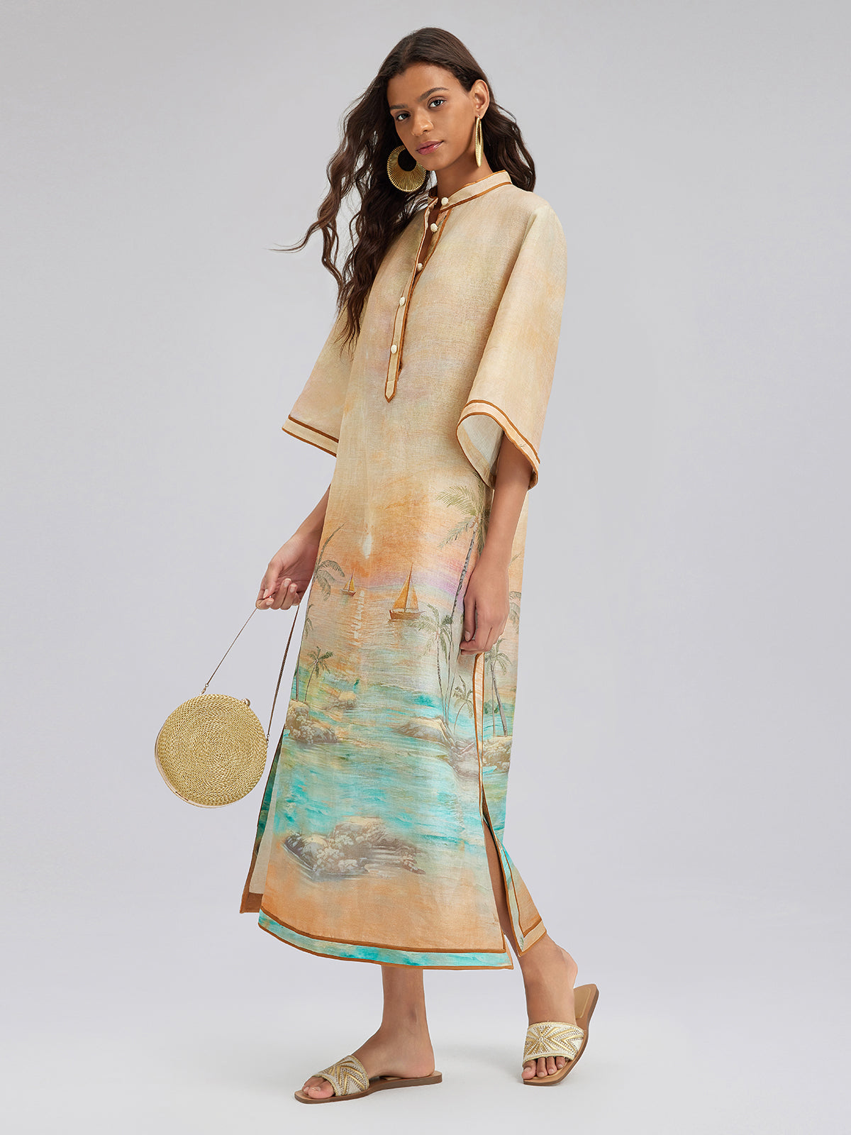 Linen Flared Sleeves Beach Print Dress