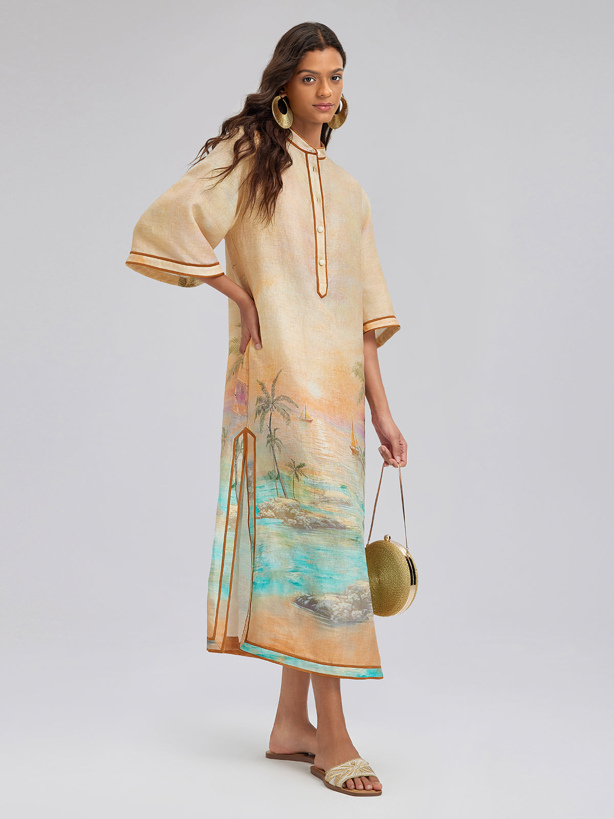 Linen Flared Sleeves Beach Print Dress