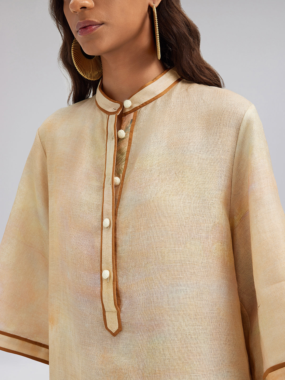 Linen Flared Sleeves Beach Print Dress