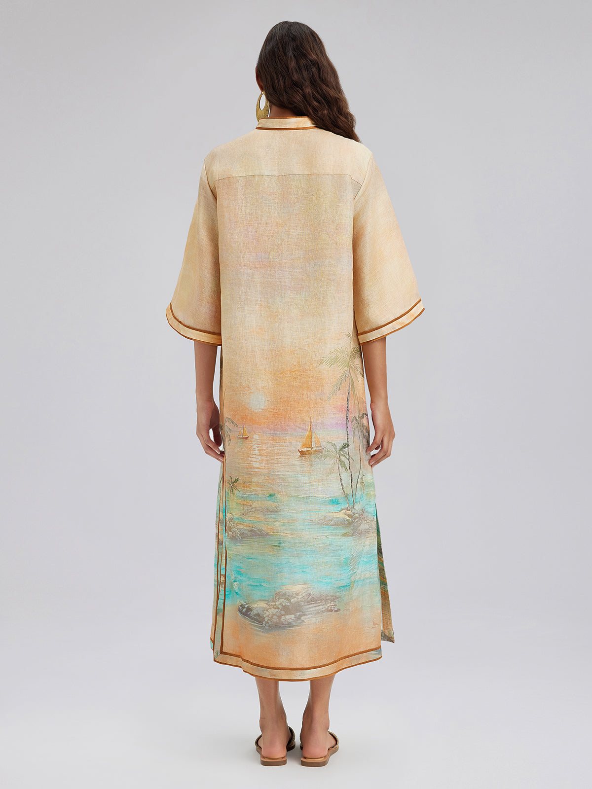 Linen Flared Sleeves Beach Print Dress