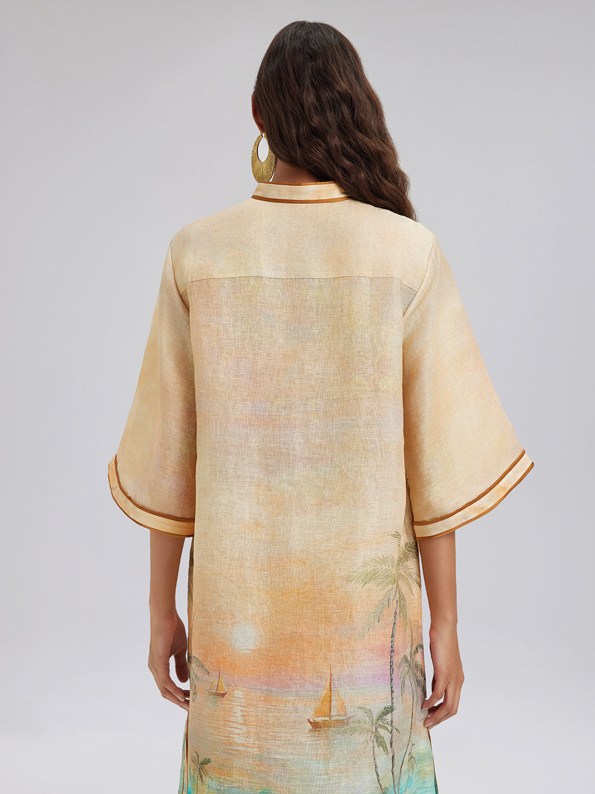 Linen Flared Sleeves Beach Print Dress