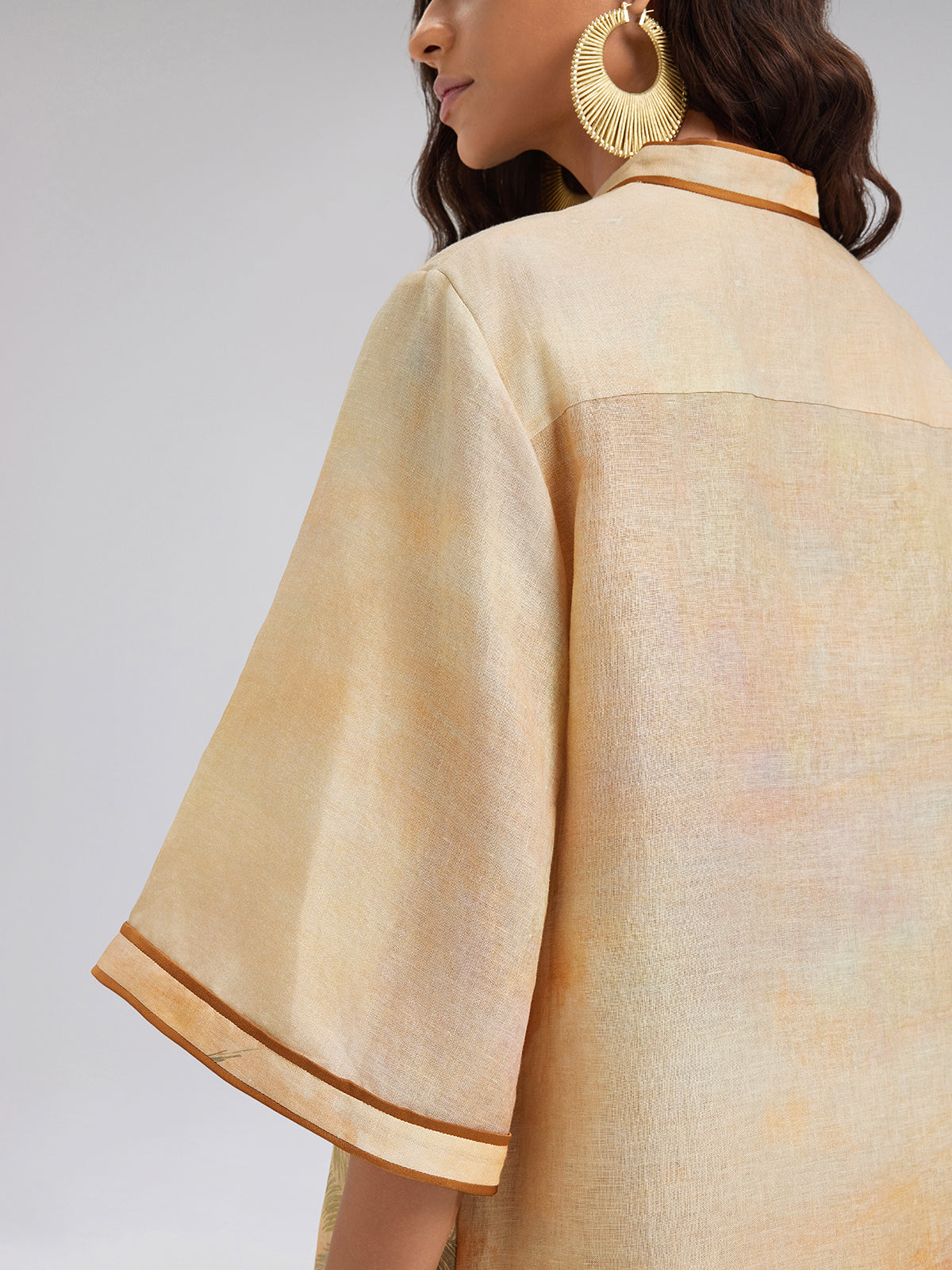 Linen Flared Sleeves Beach Print Dress